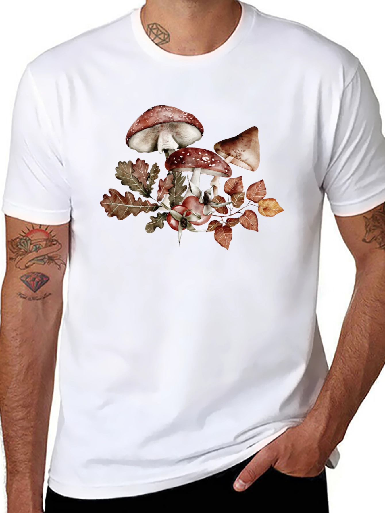 Mushroom & Leaves Graphic Tee - Black Cotton