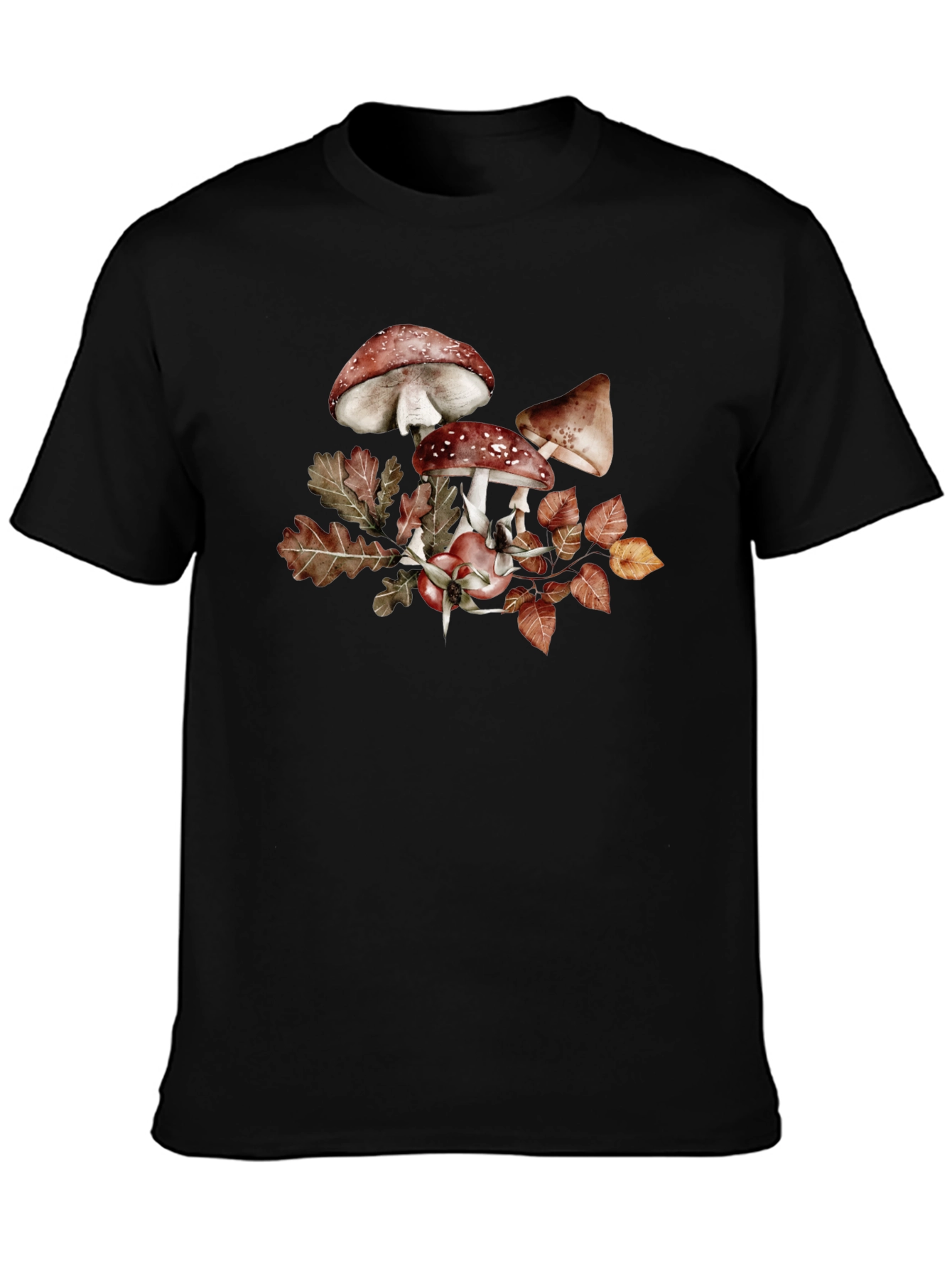 Mushroom & Leaves Graphic Tee - Black Cotton