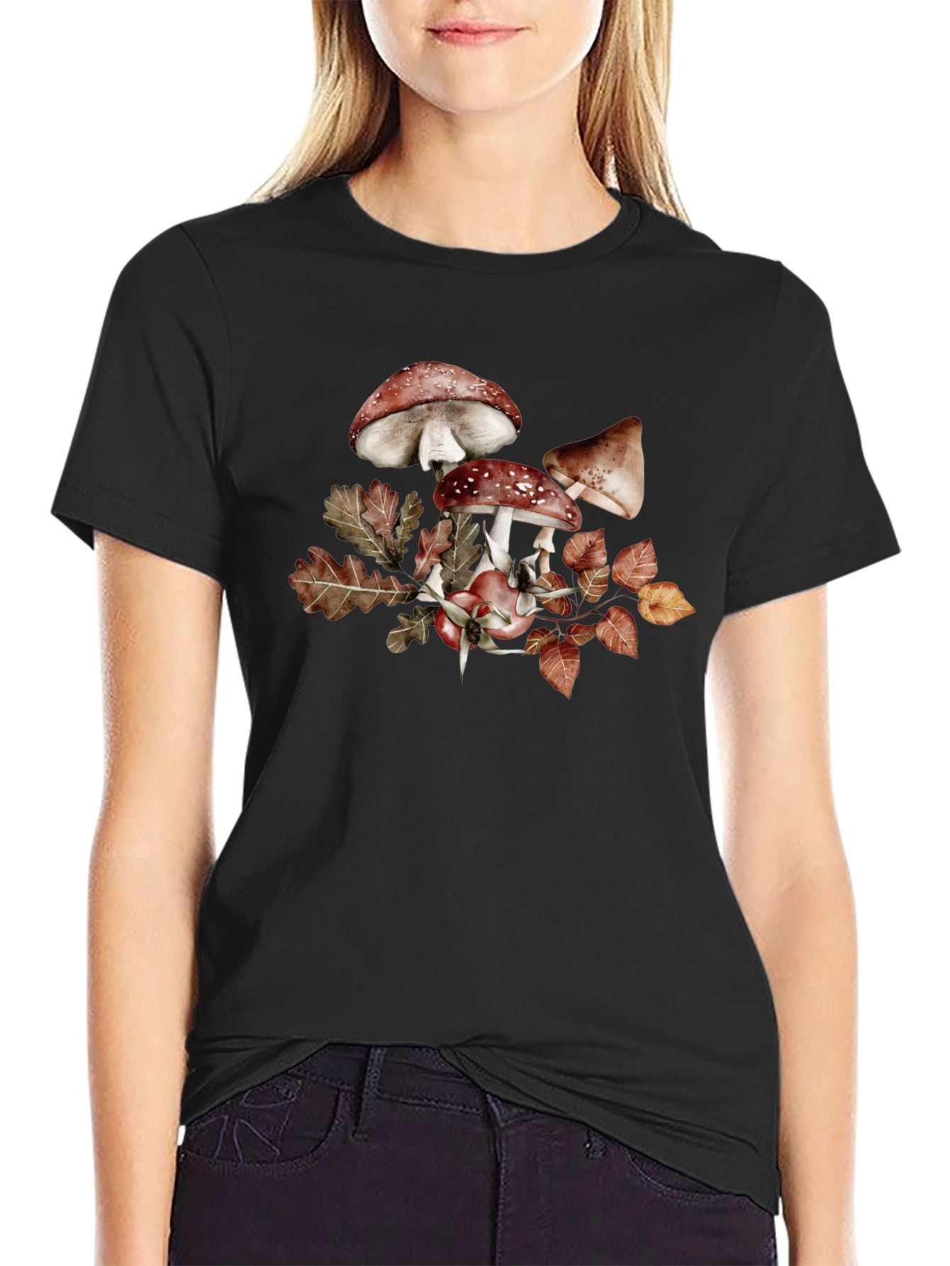 Mushroom & Leaves Graphic Tee - Black Cotton