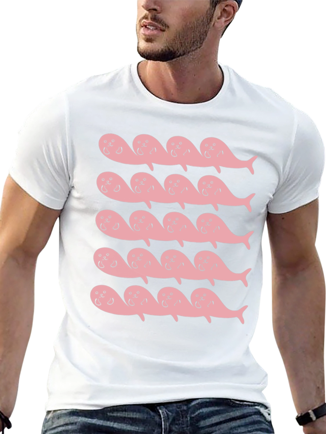 Pink Seal Pattern Black T-Shirt