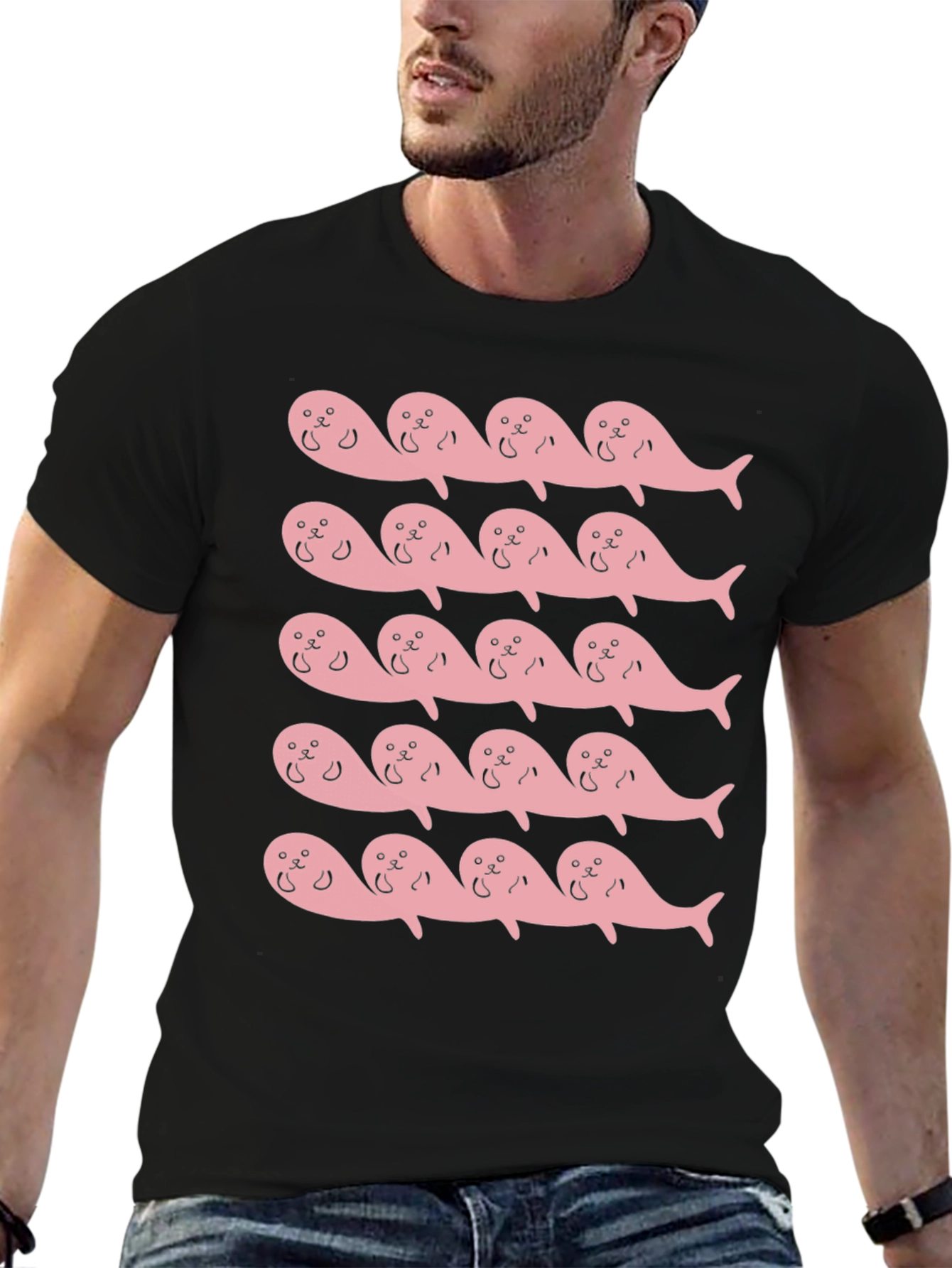 Pink Seal Pattern Black T-Shirt