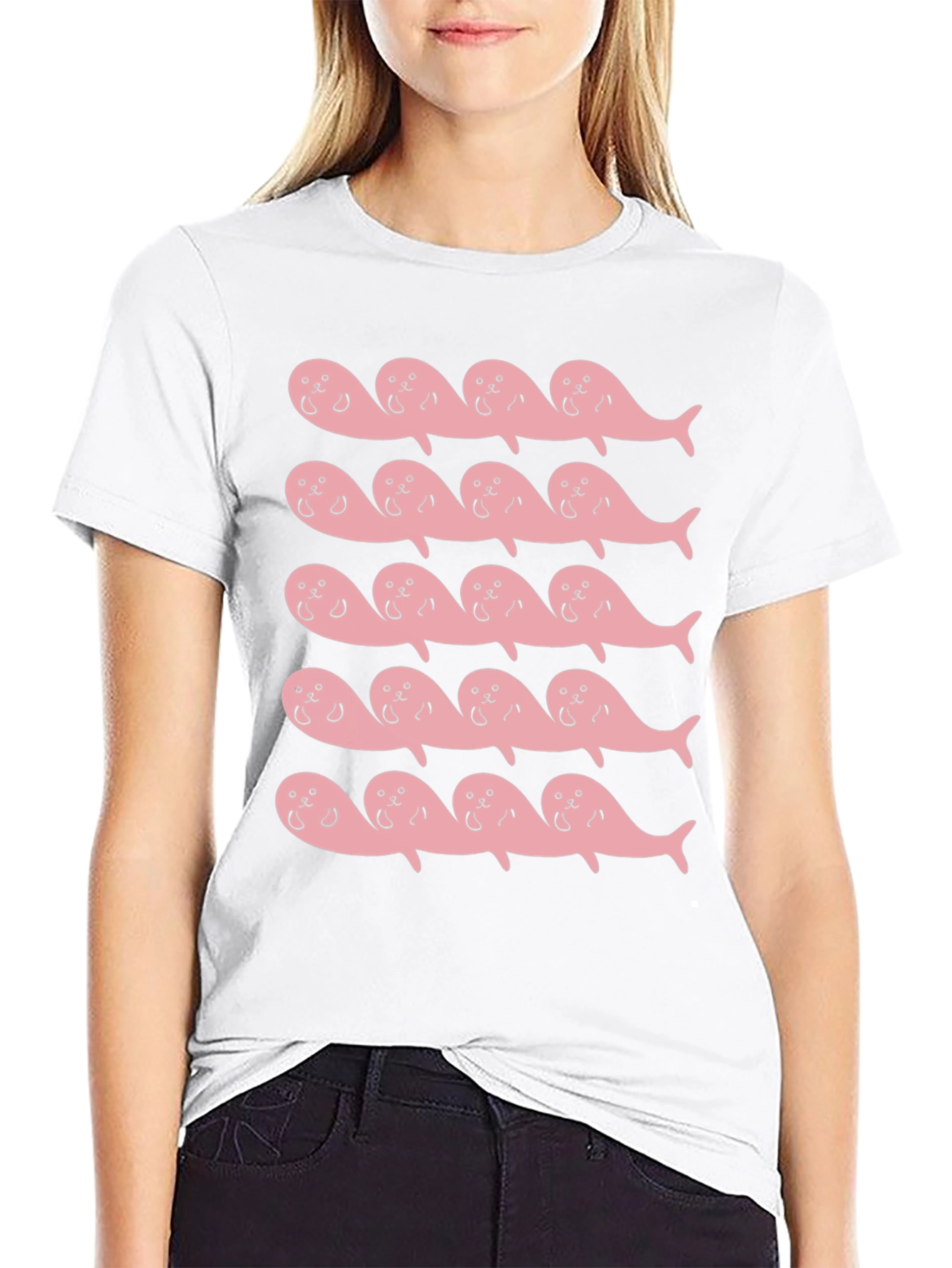 Pink Seal Pattern Black T-Shirt