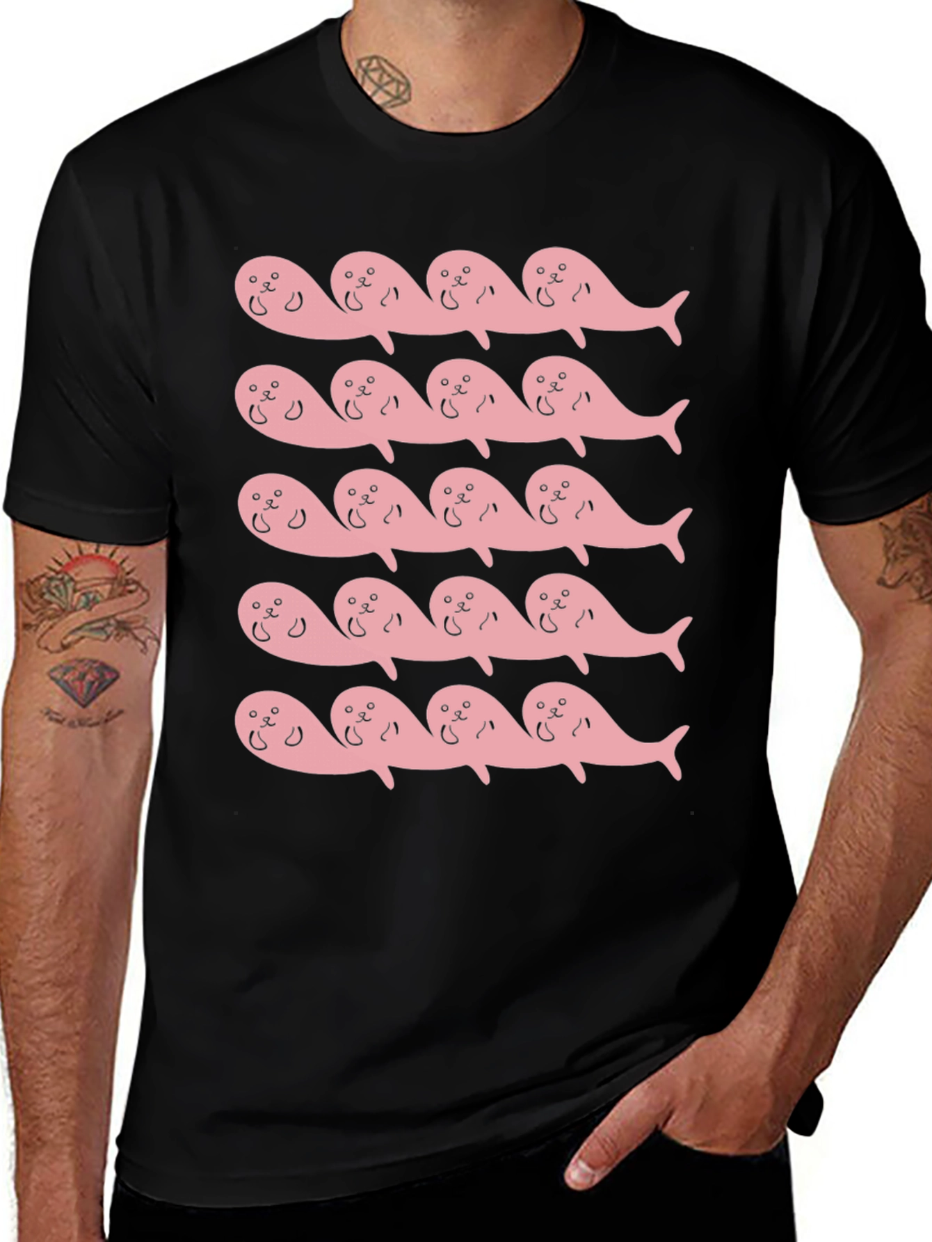 Pink Seal Pattern Black T-Shirt