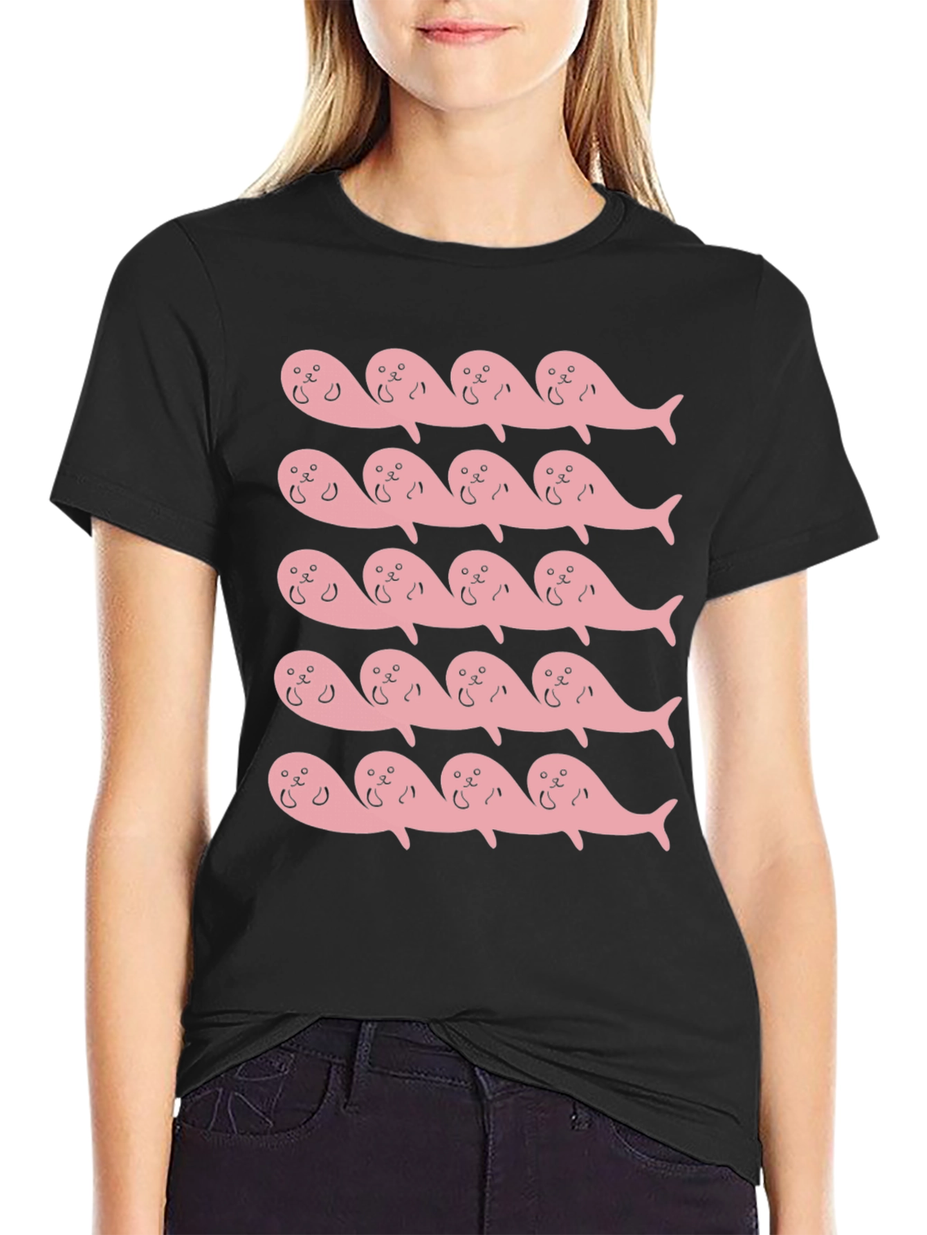 Pink Seal Pattern Black T-Shirt
