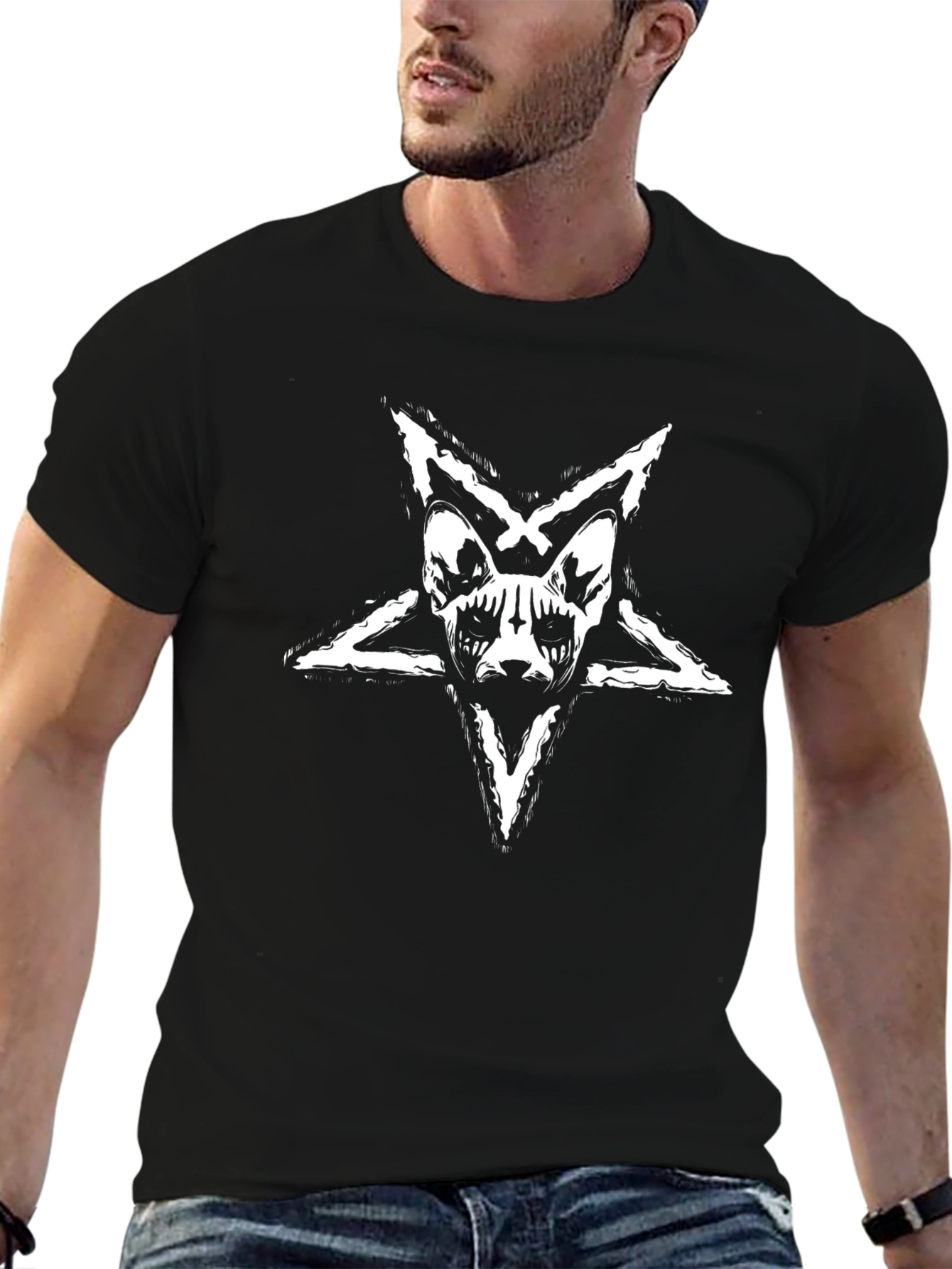 Black T-Shirt with Baphomet Cat Star Design