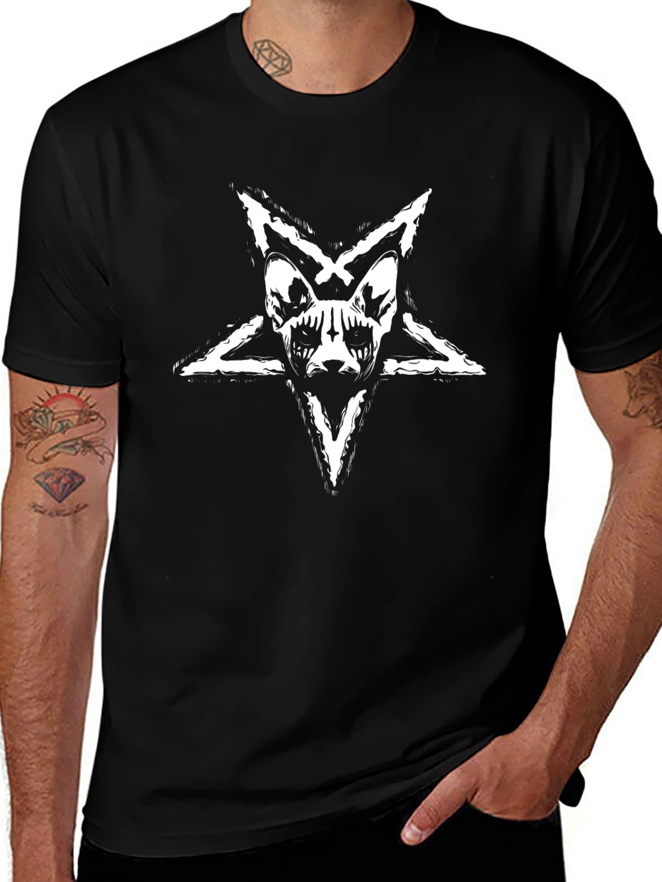 Black T-Shirt with Baphomet Cat Star Design