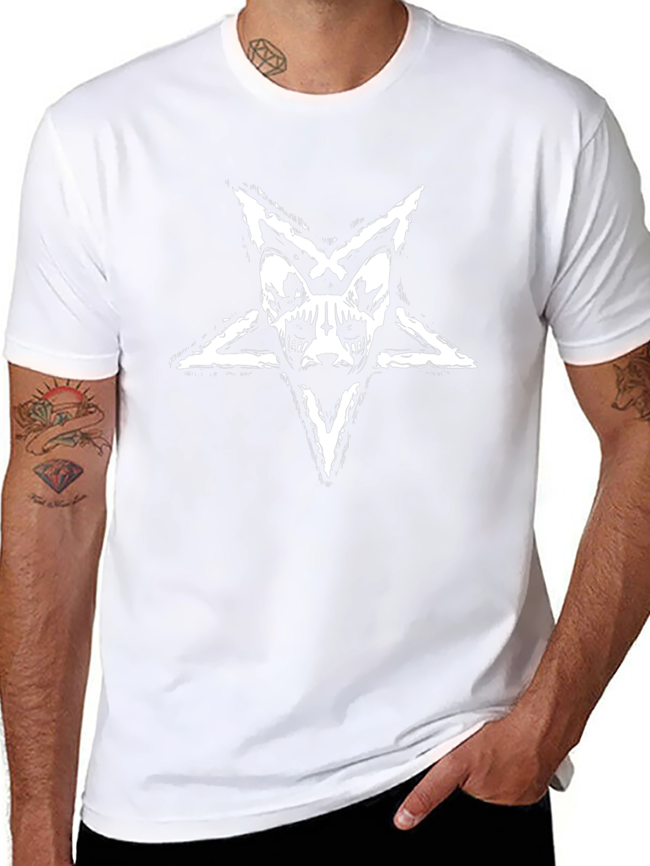 Black T-Shirt with Baphomet Cat Star Design