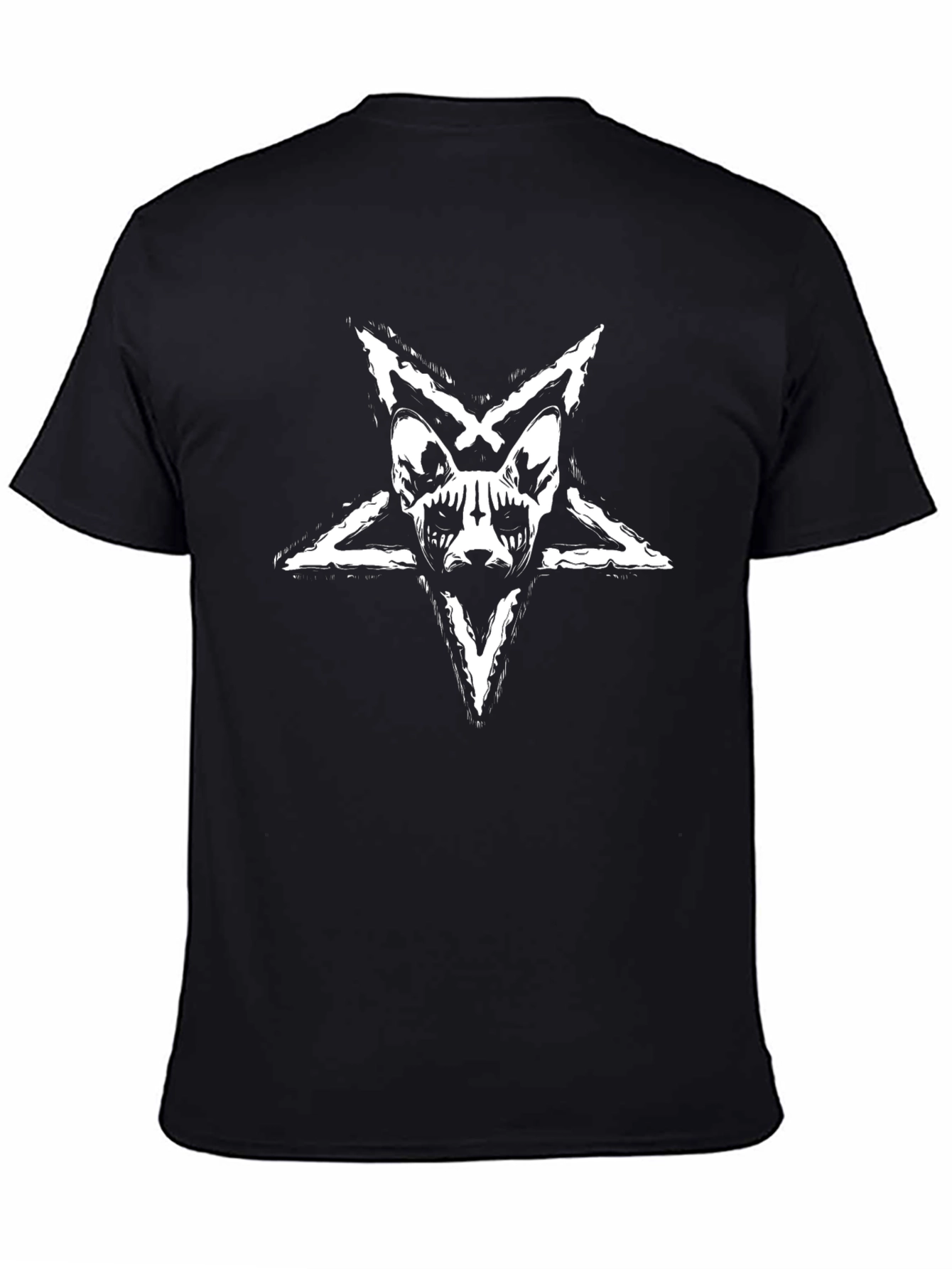Black T-Shirt with Baphomet Cat Star Design