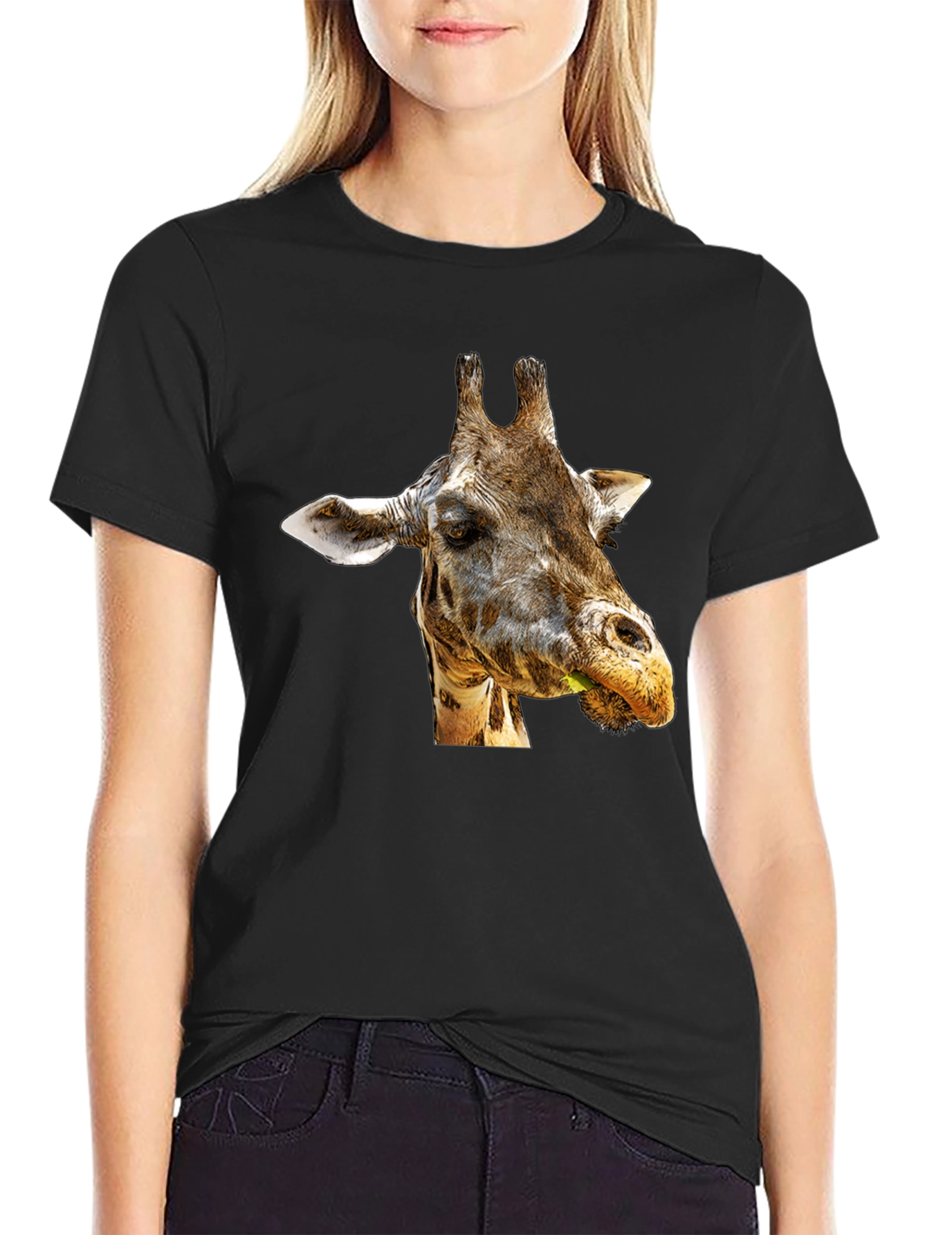 Giraffe Portrait Graphic Print Black T-Shirt