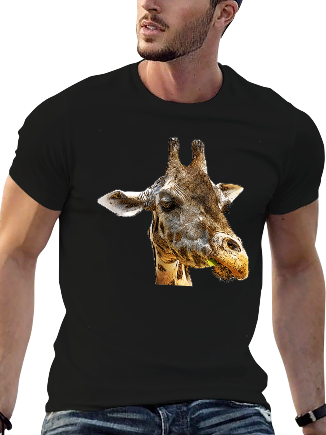 Giraffe Portrait Graphic Print Black T-Shirt
