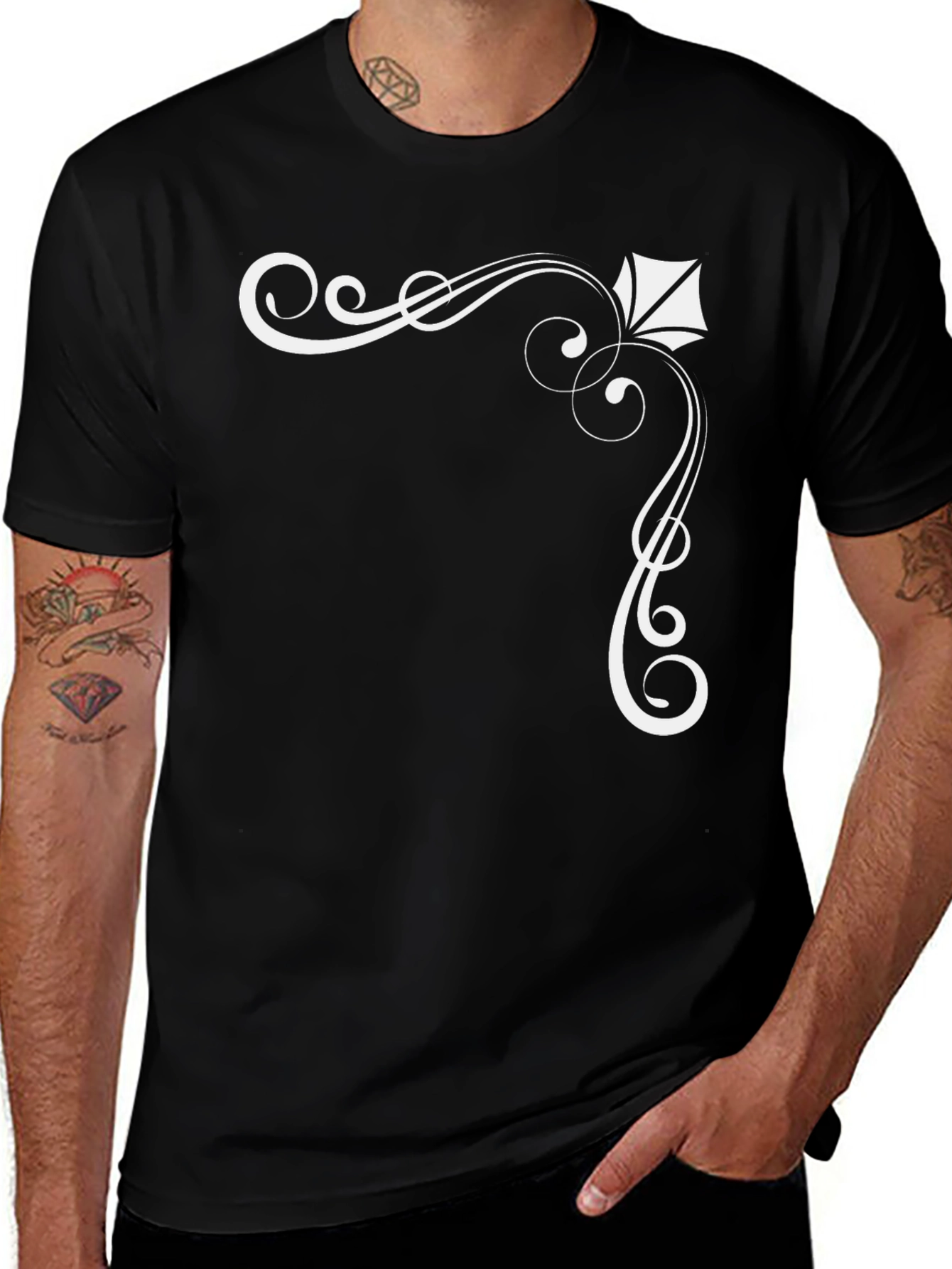 Elegant Black T-Shirt with White Ornamental Design