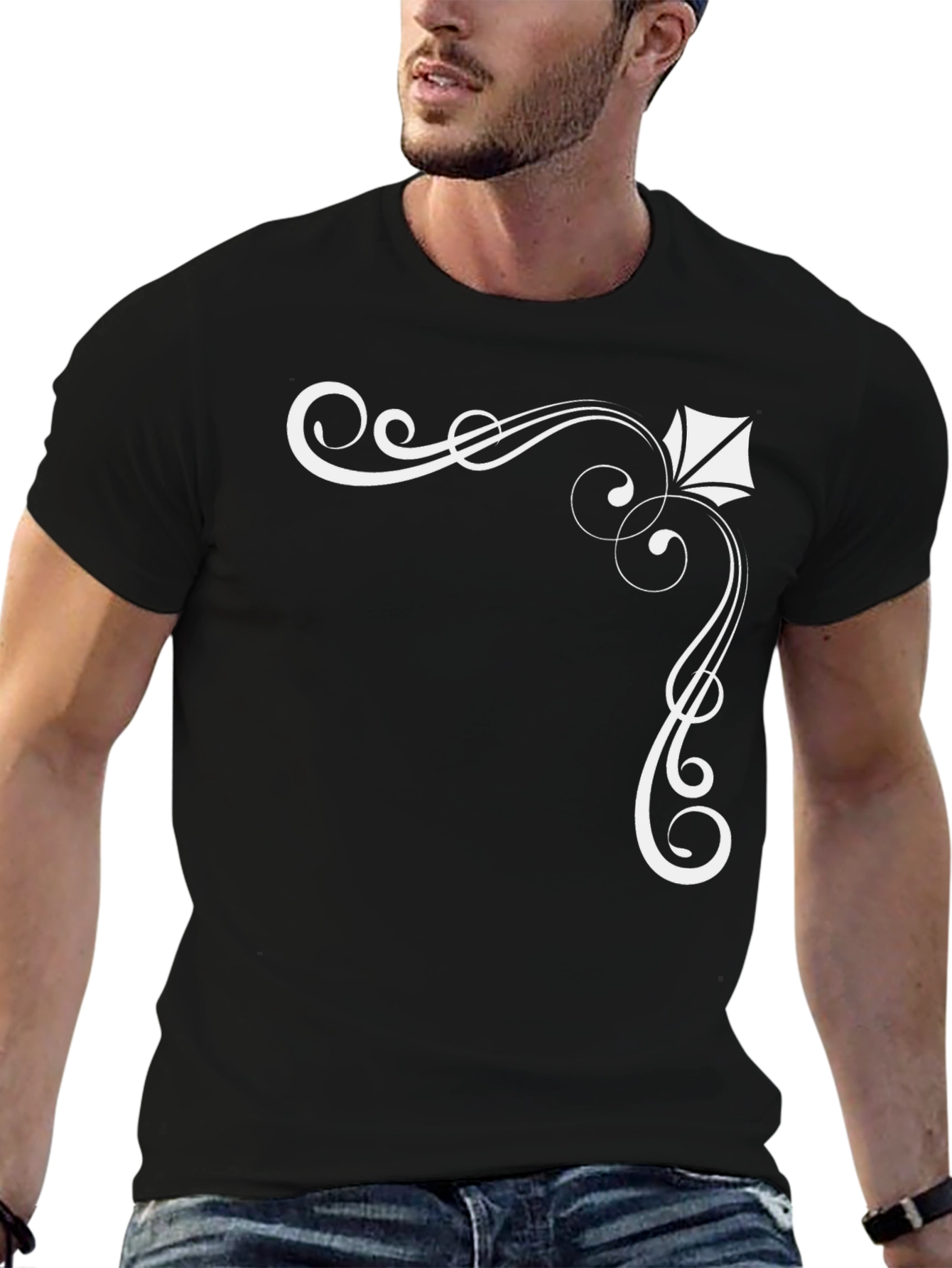 Elegant Black T-Shirt with White Ornamental Design