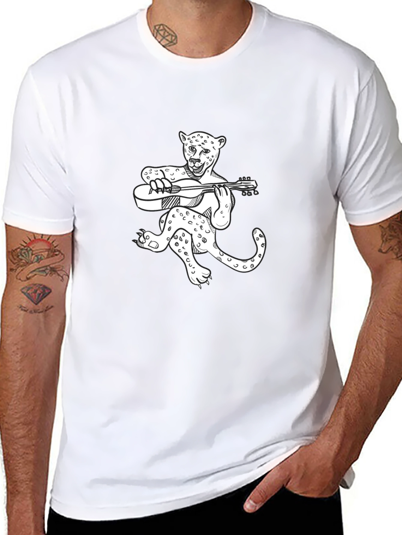 Leopard Guitar Player Graphic T-Shirt - Black