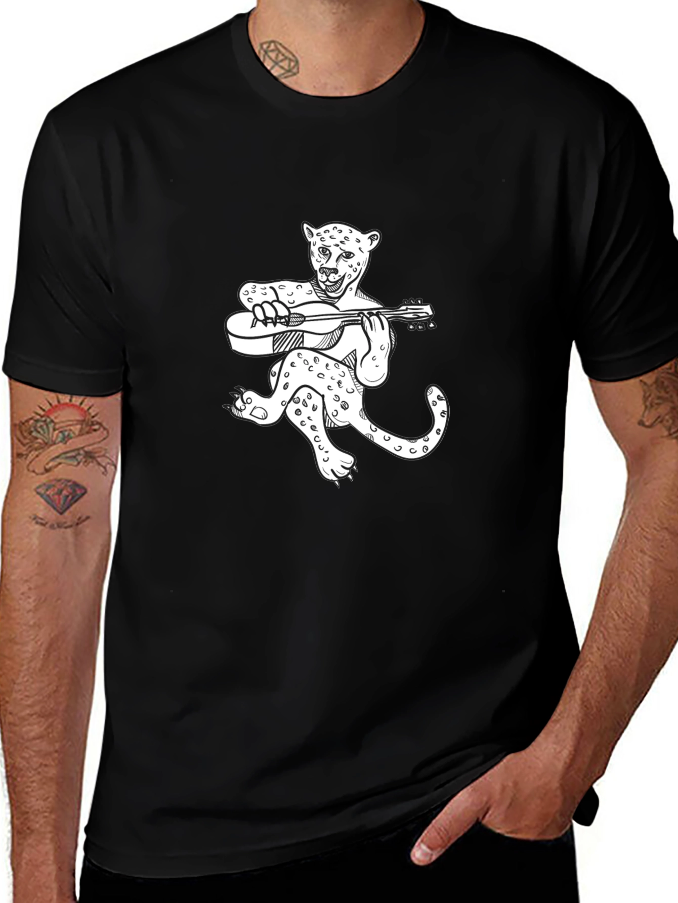 Leopard Guitar Player Graphic T-Shirt - Black