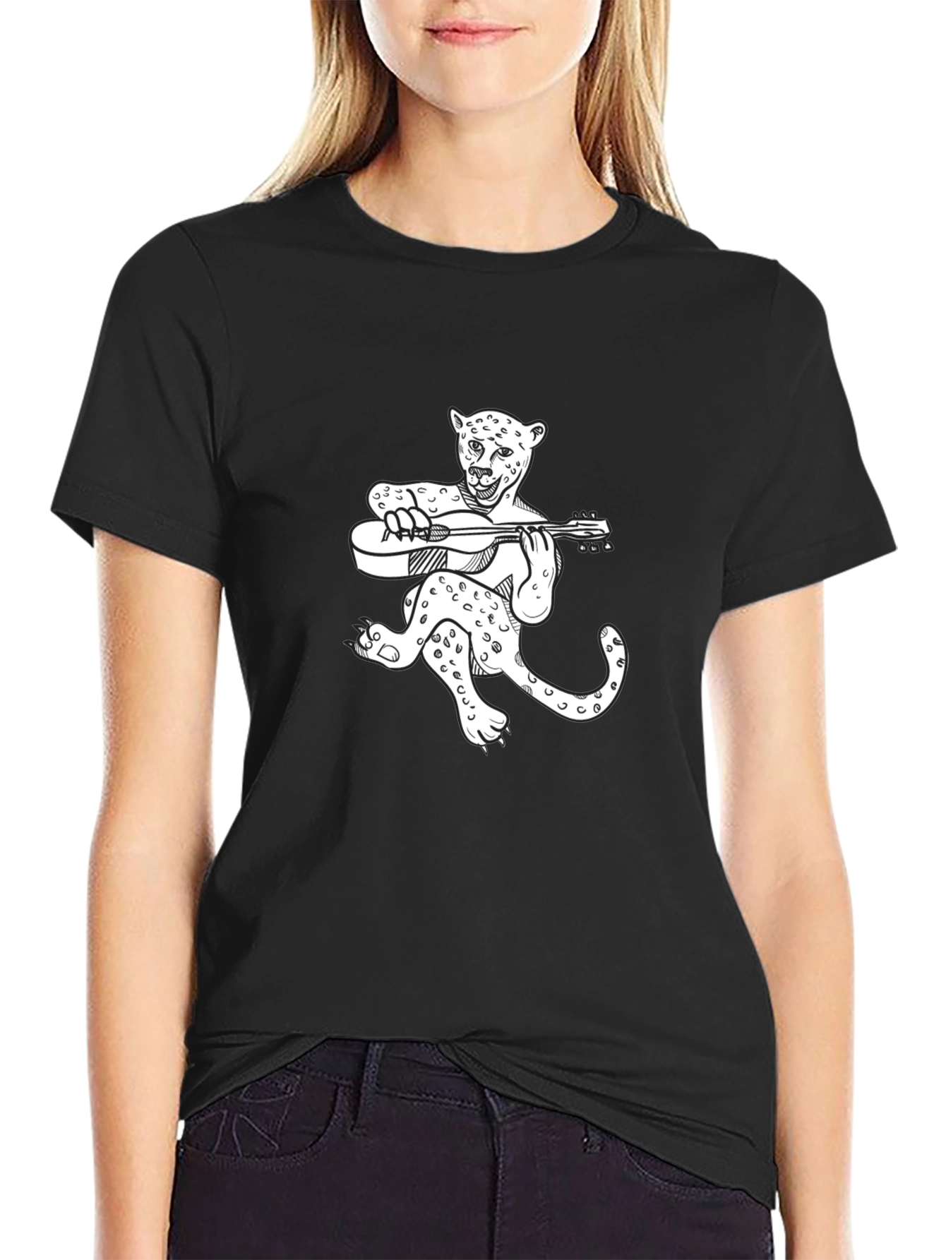 Leopard Guitar Player Graphic T-Shirt - Black