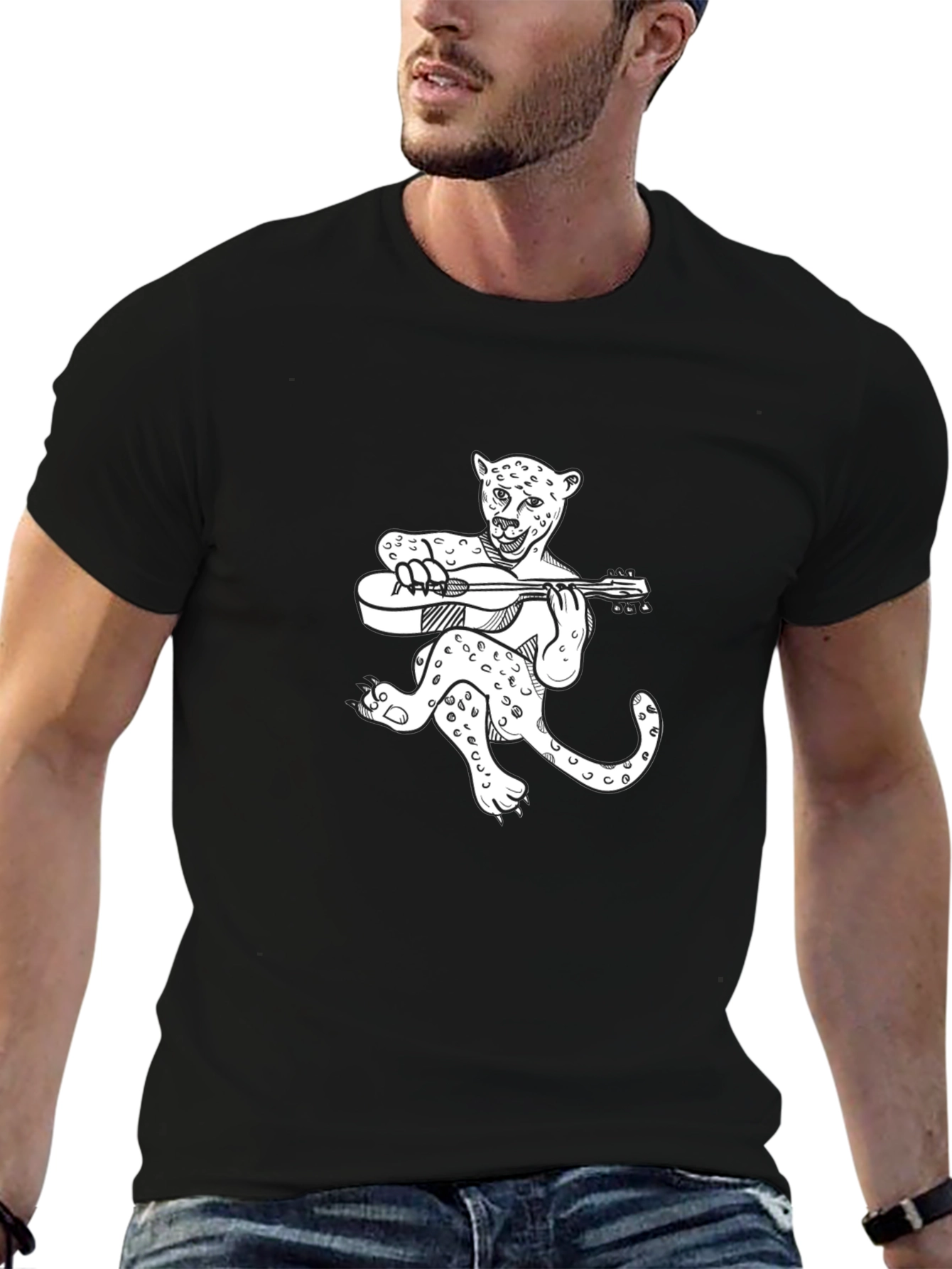 Leopard Guitar Player Graphic T-Shirt - Black