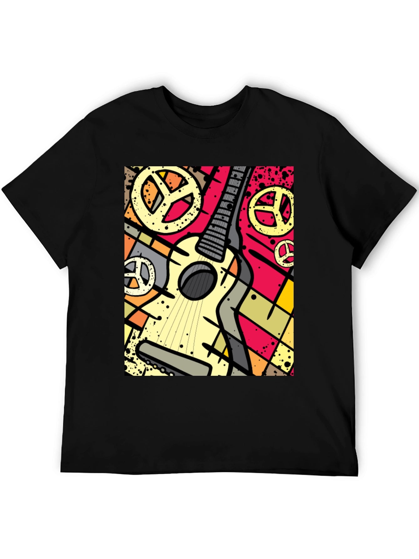 Guitar Peace Sign Graphic Tee - Black Cotton