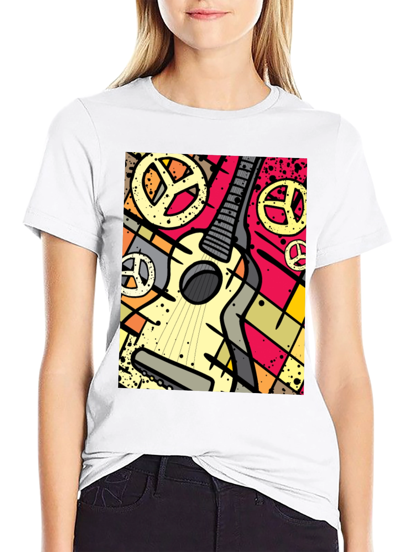 Guitar Peace Sign Graphic Tee - Black Cotton