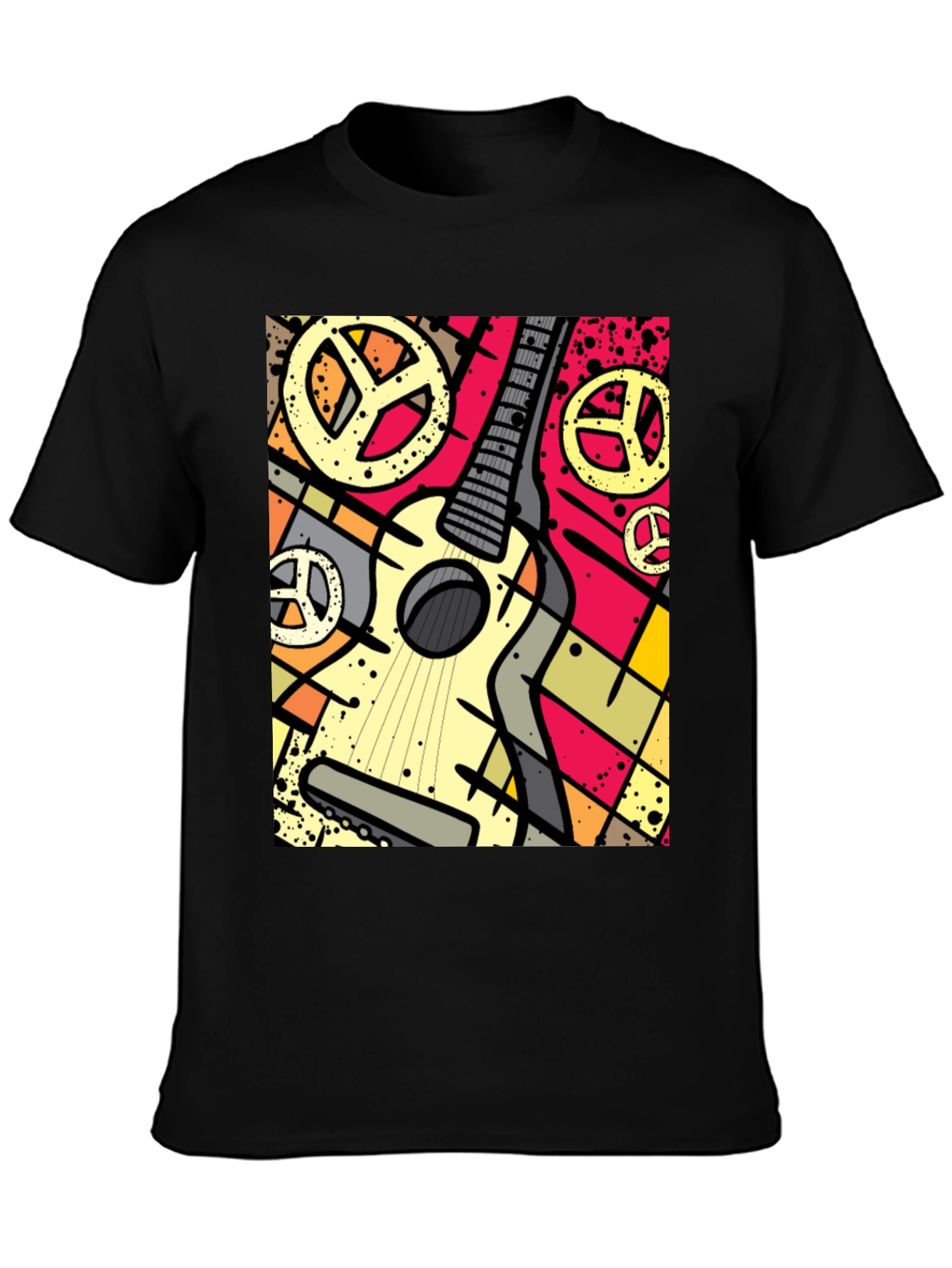 Guitar Peace Sign Graphic Tee - Black Cotton