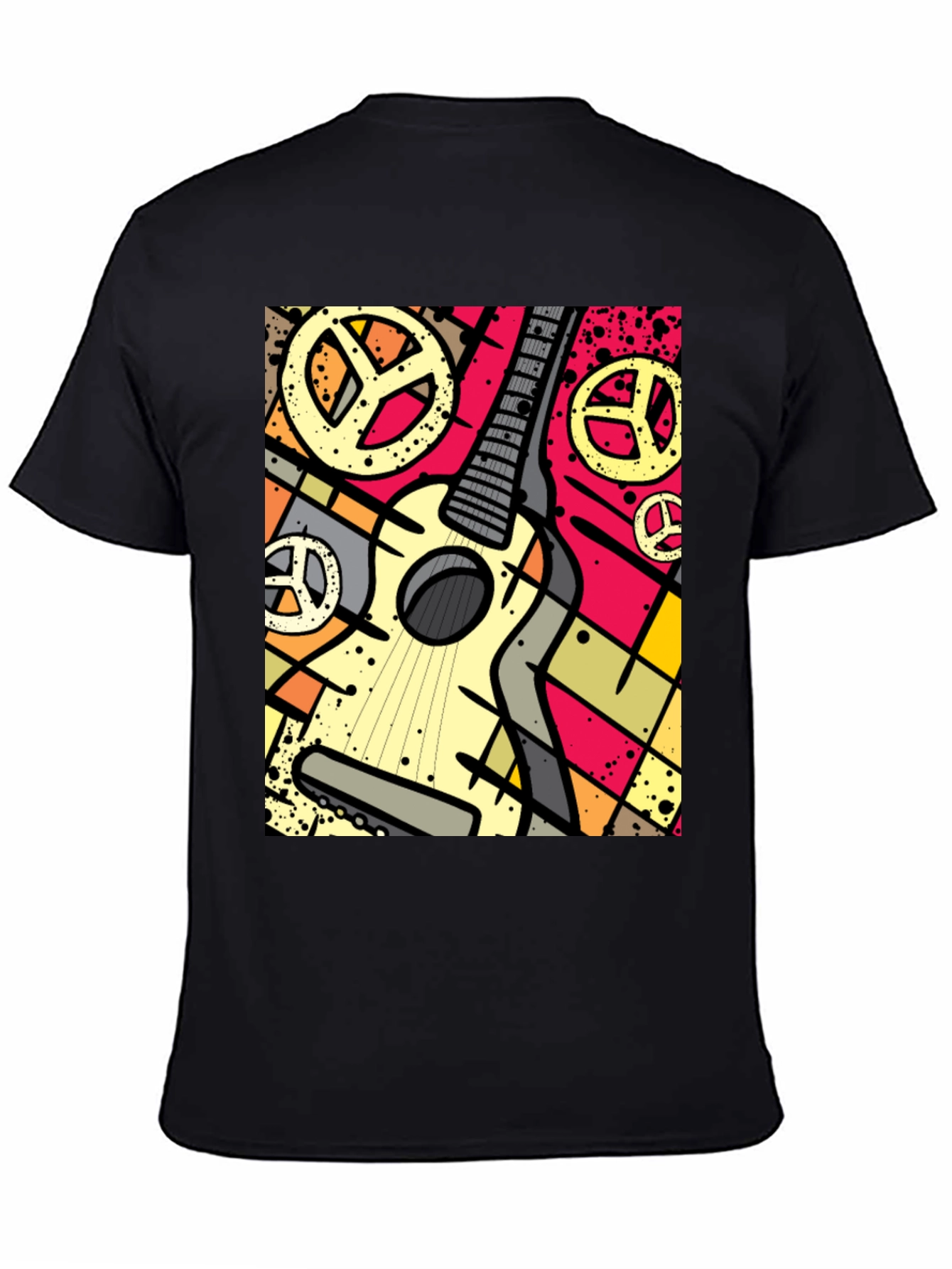 Guitar Peace Sign Graphic Tee - Black Cotton
