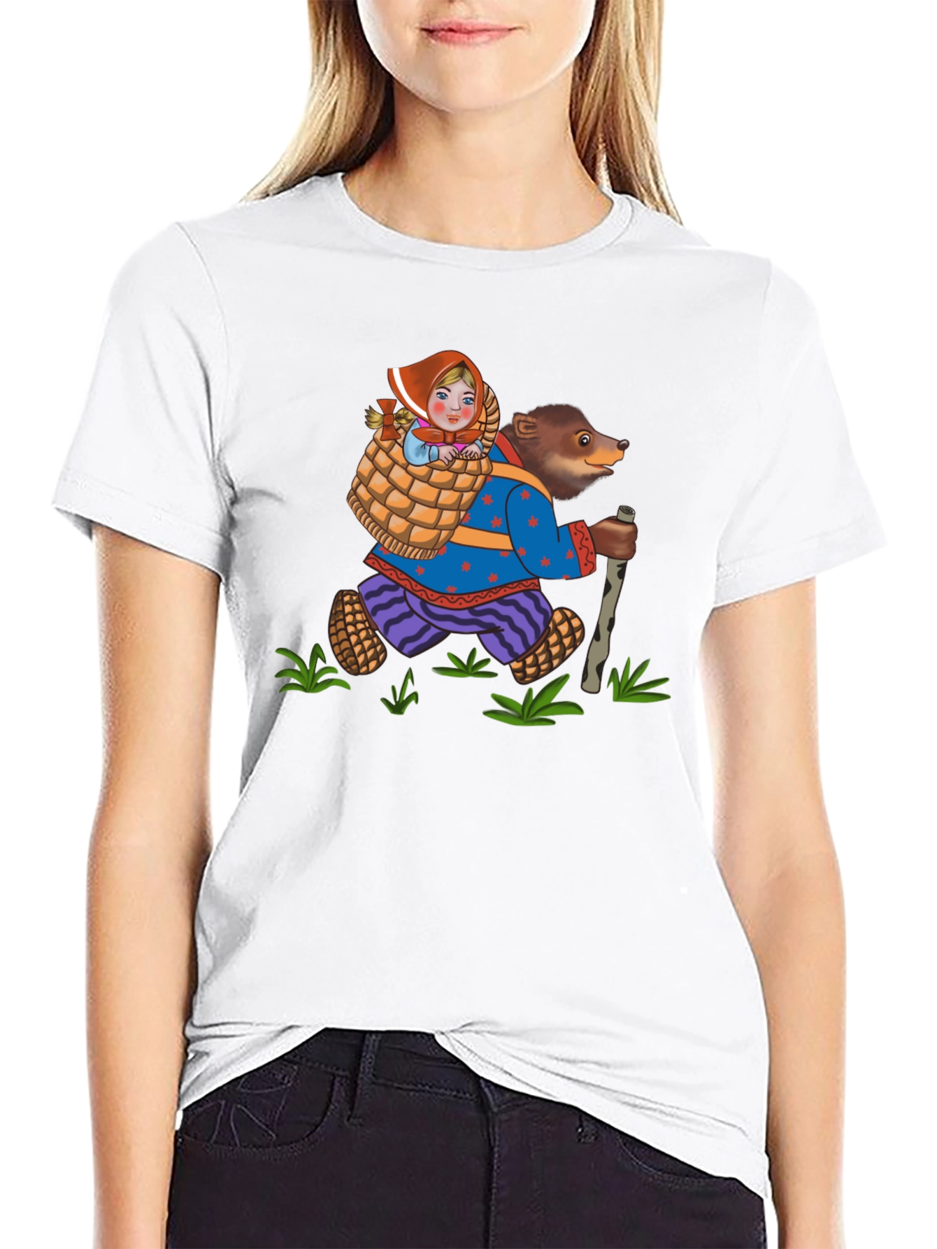 Bear and Girl Cartoon Black T-Shirt