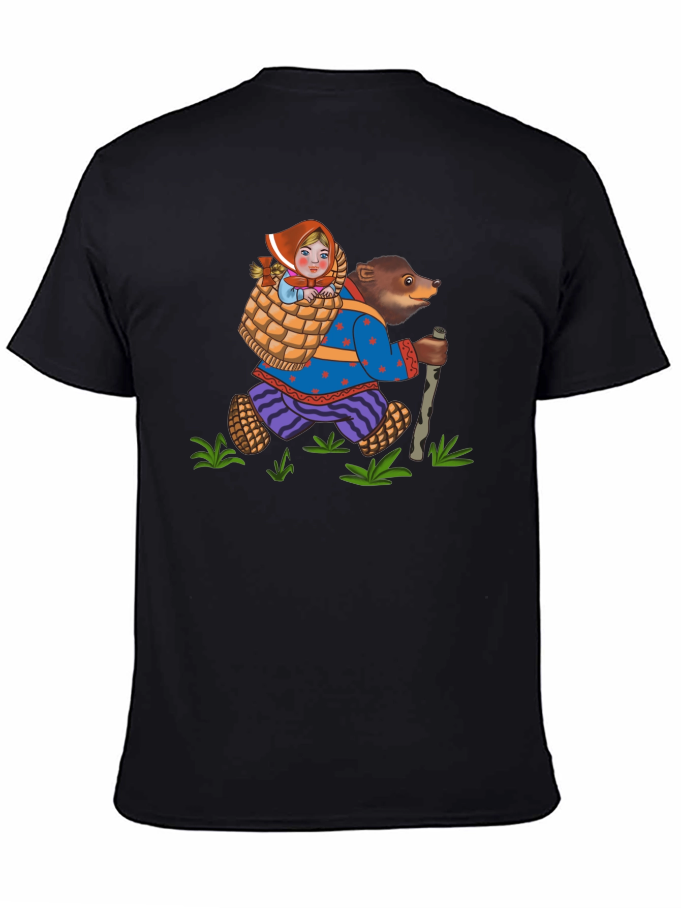 Bear and Girl Cartoon Black T-Shirt