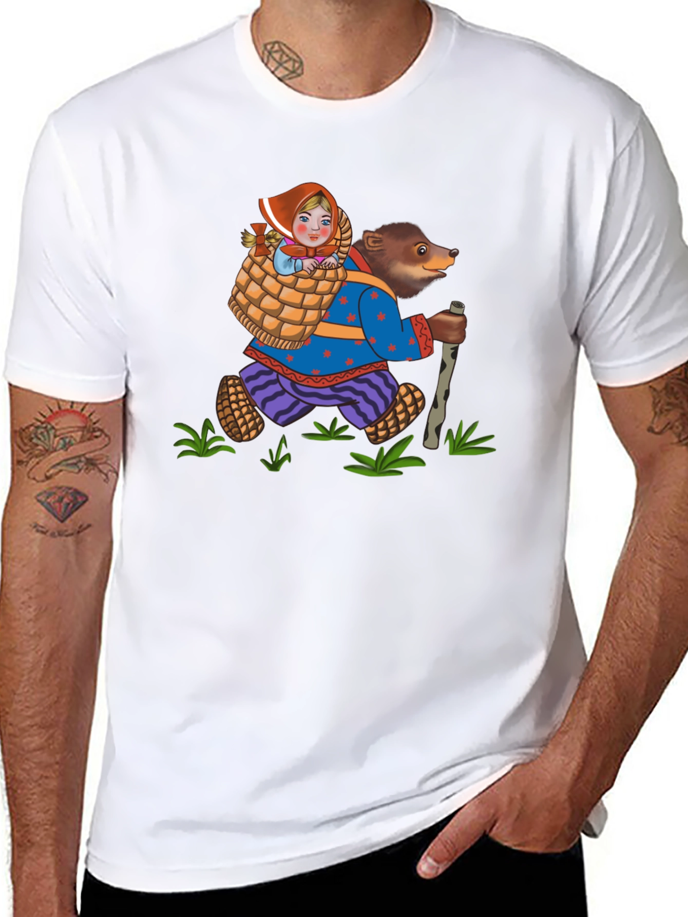 Bear and Girl Cartoon Black T-Shirt