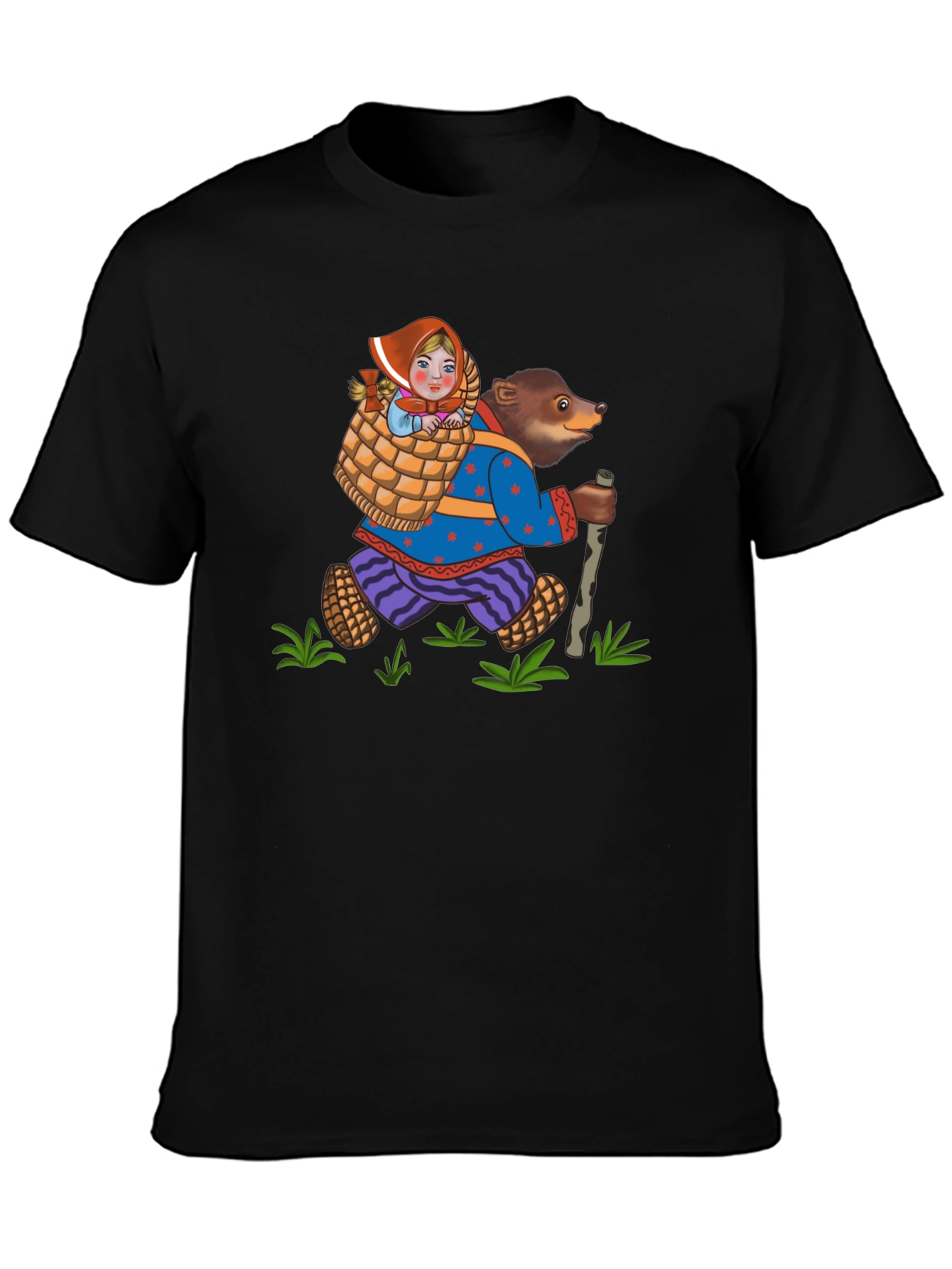 Bear and Girl Cartoon Black T-Shirt