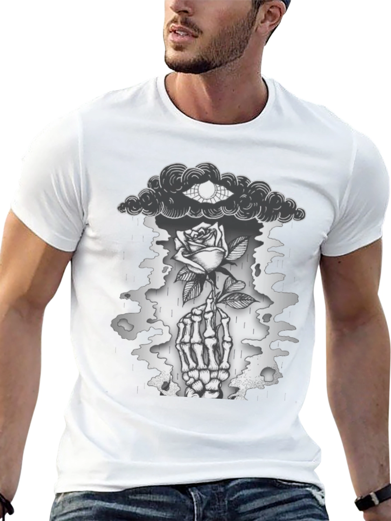 Gothic Rose & Skeleton Hand Graphic T-Shirt
