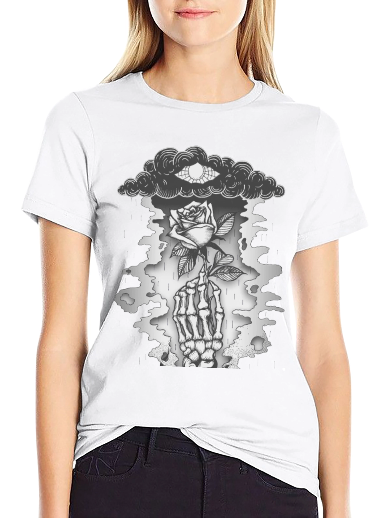 Gothic Rose & Skeleton Hand Graphic T-Shirt