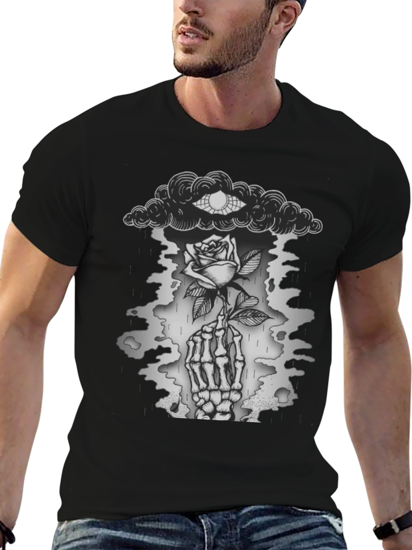 Gothic Rose & Skeleton Hand Graphic T-Shirt
