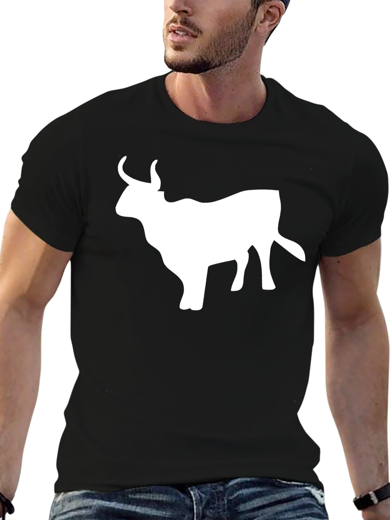 Black T-Shirt with White Bull Graphic