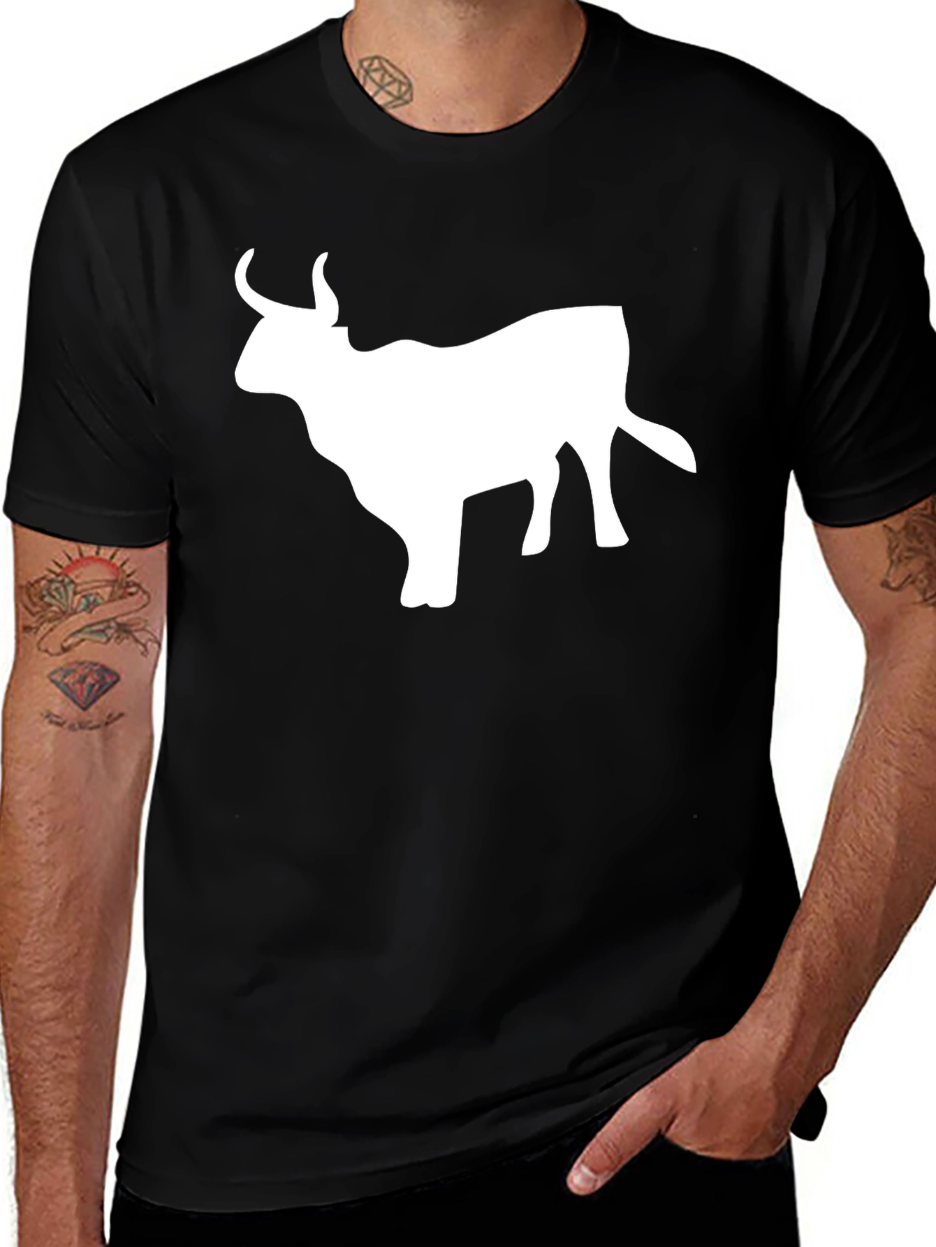 Black T-Shirt with White Bull Graphic