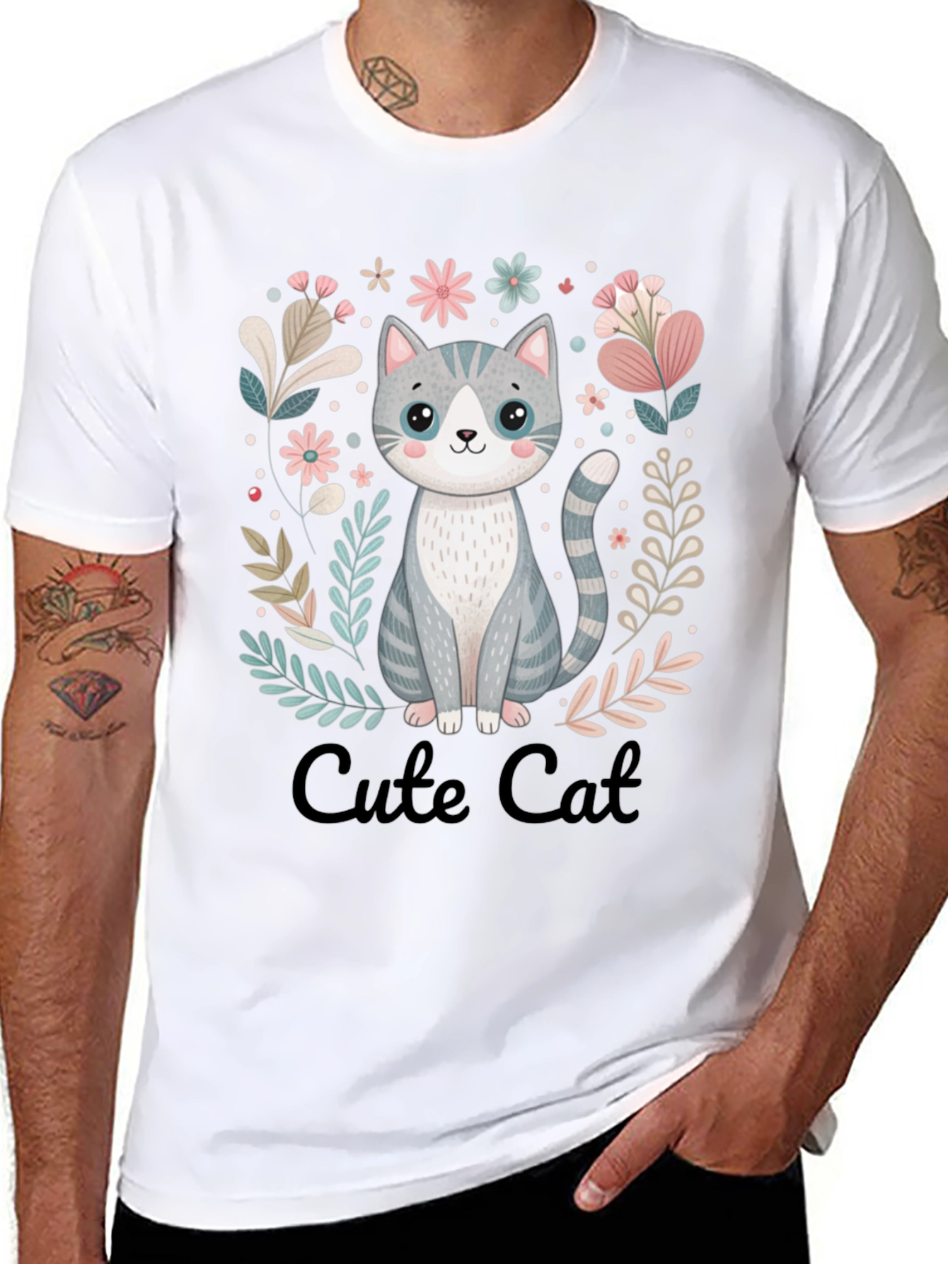 Cute Cat Graphic Tee - Black