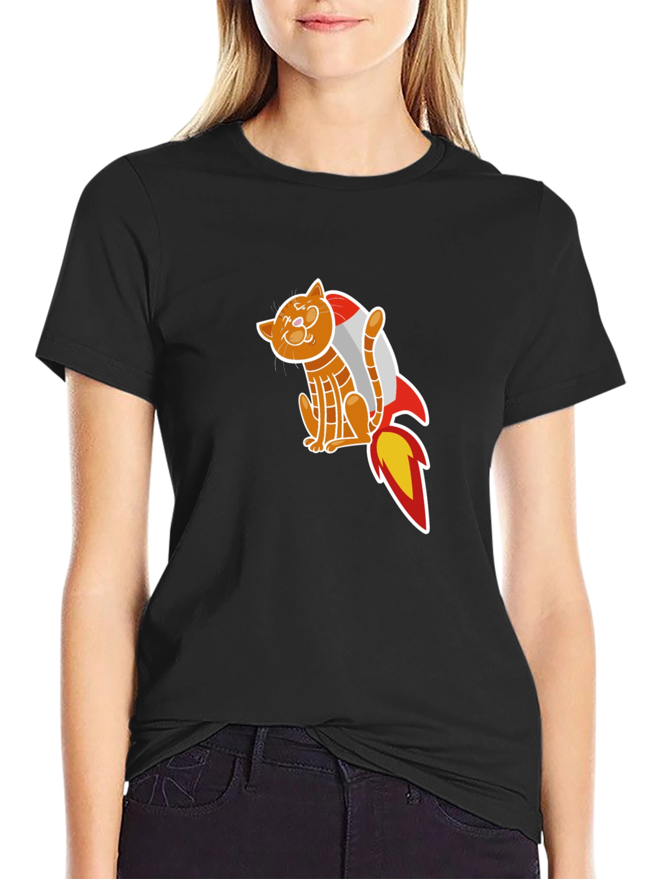 Cat Rocket T-Shirt - Black Graphic Tee