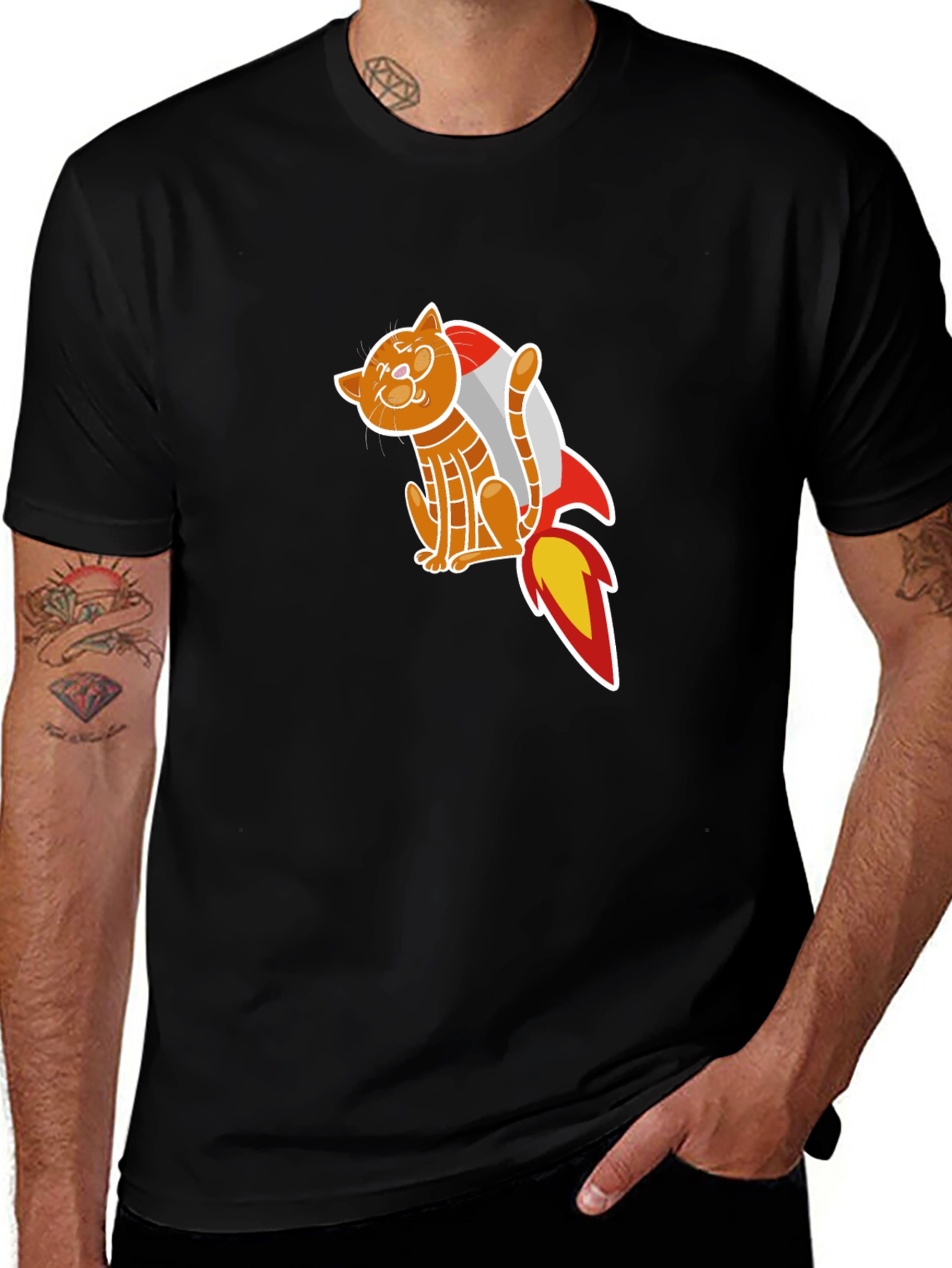 Cat Rocket T-Shirt - Black Graphic Tee