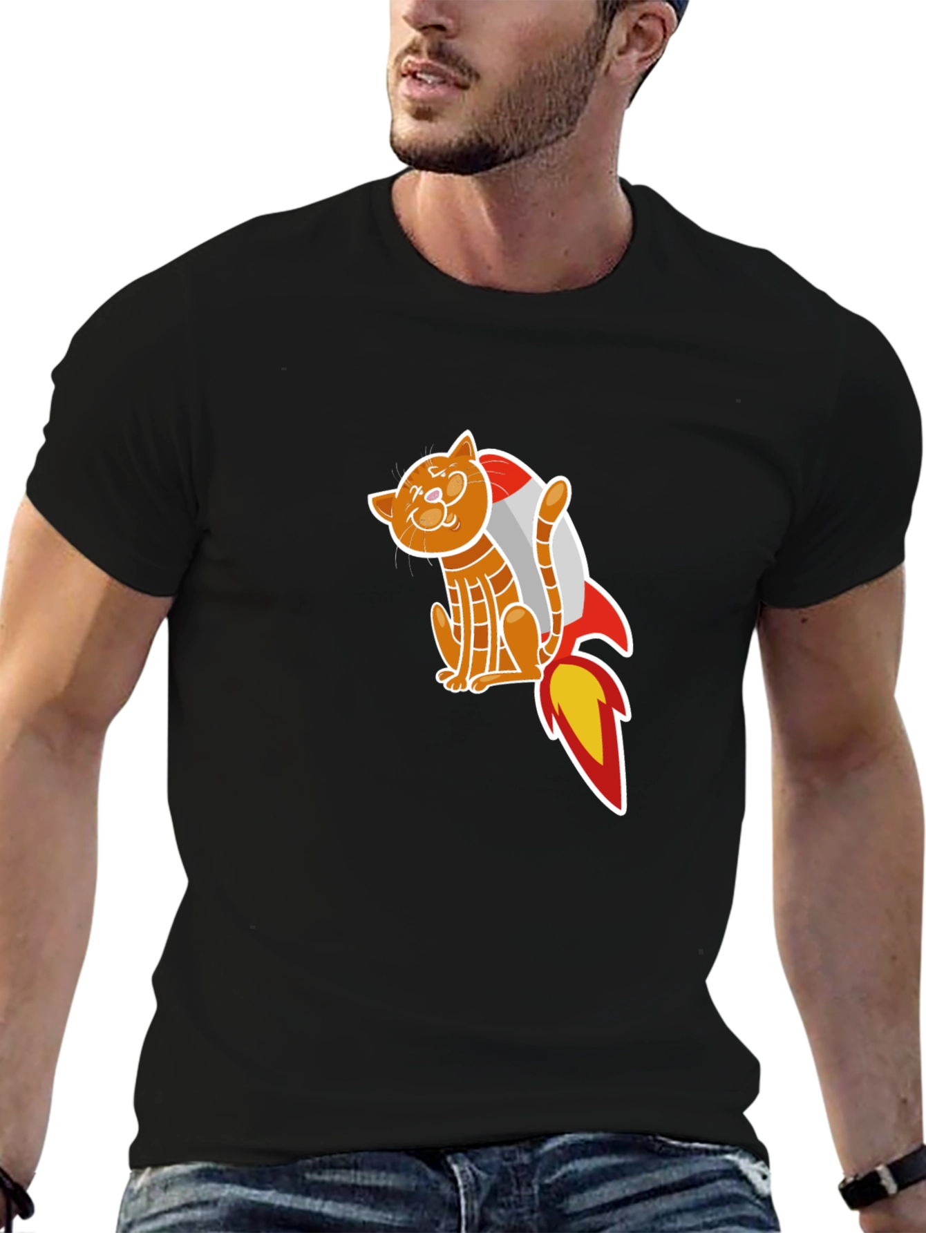 Cat Rocket T-Shirt - Black Graphic Tee