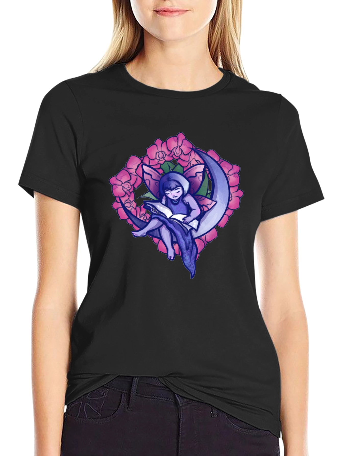 Fairy on Moon T-Shirt - Black Graphic Tee