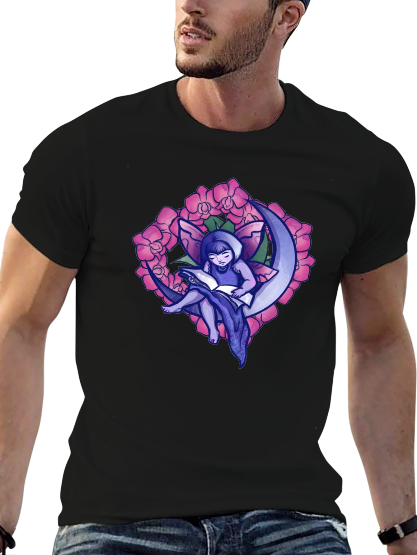 Fairy on Moon T-Shirt - Black Graphic Tee