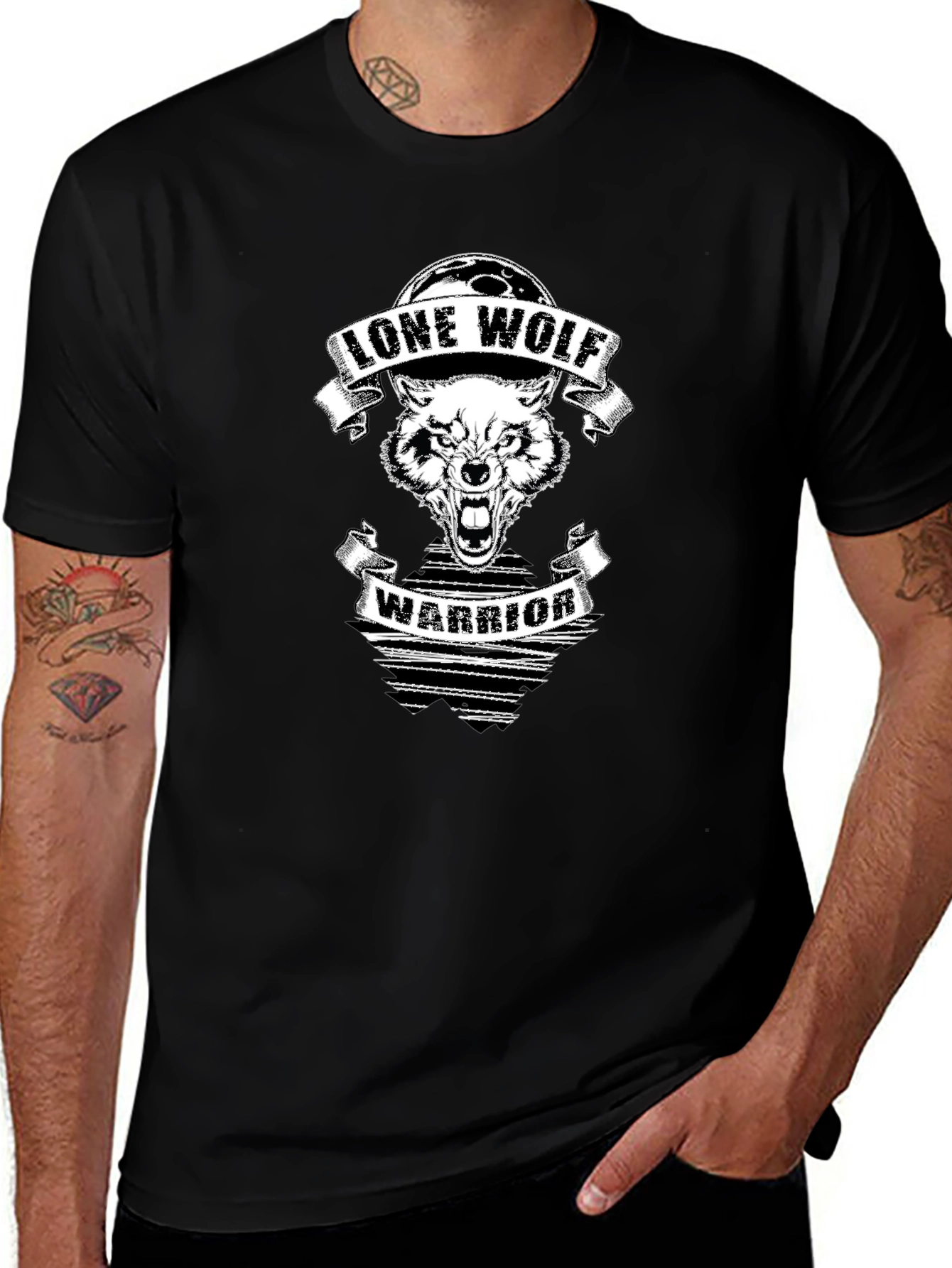 Lone Wolf Warrior Graphic Print Black T-Shirt