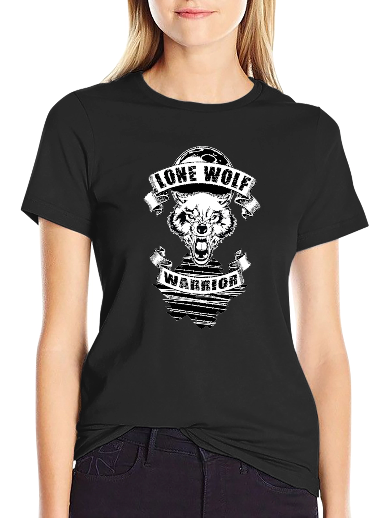Lone Wolf Warrior Graphic Print Black T-Shirt