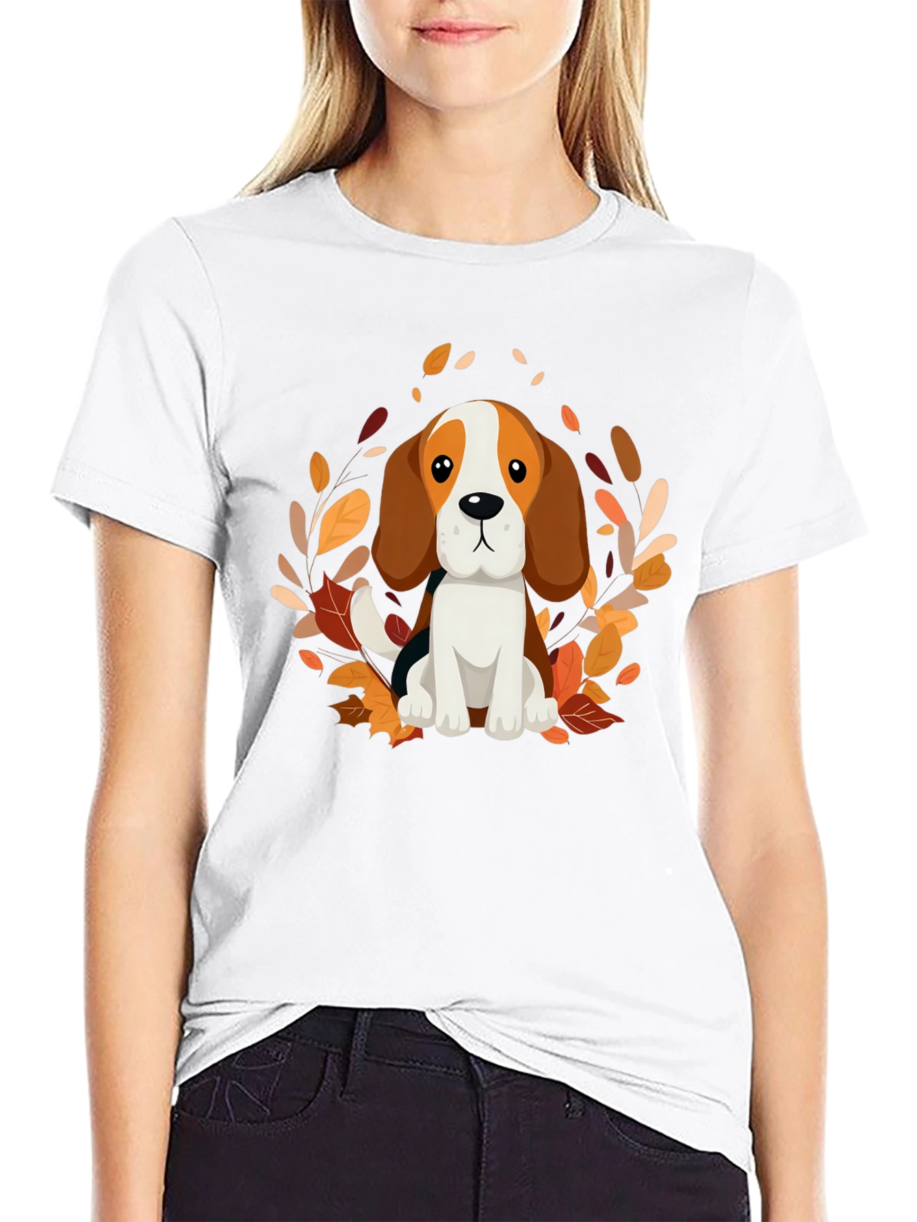 Cute Beagle Dog Fall Leaves Black T-Shirt