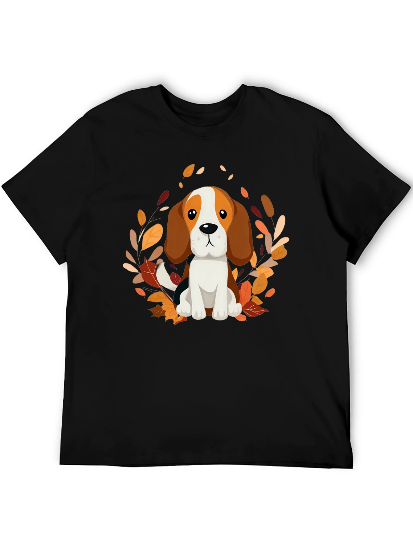 Cute Beagle Dog Fall Leaves Black T-Shirt