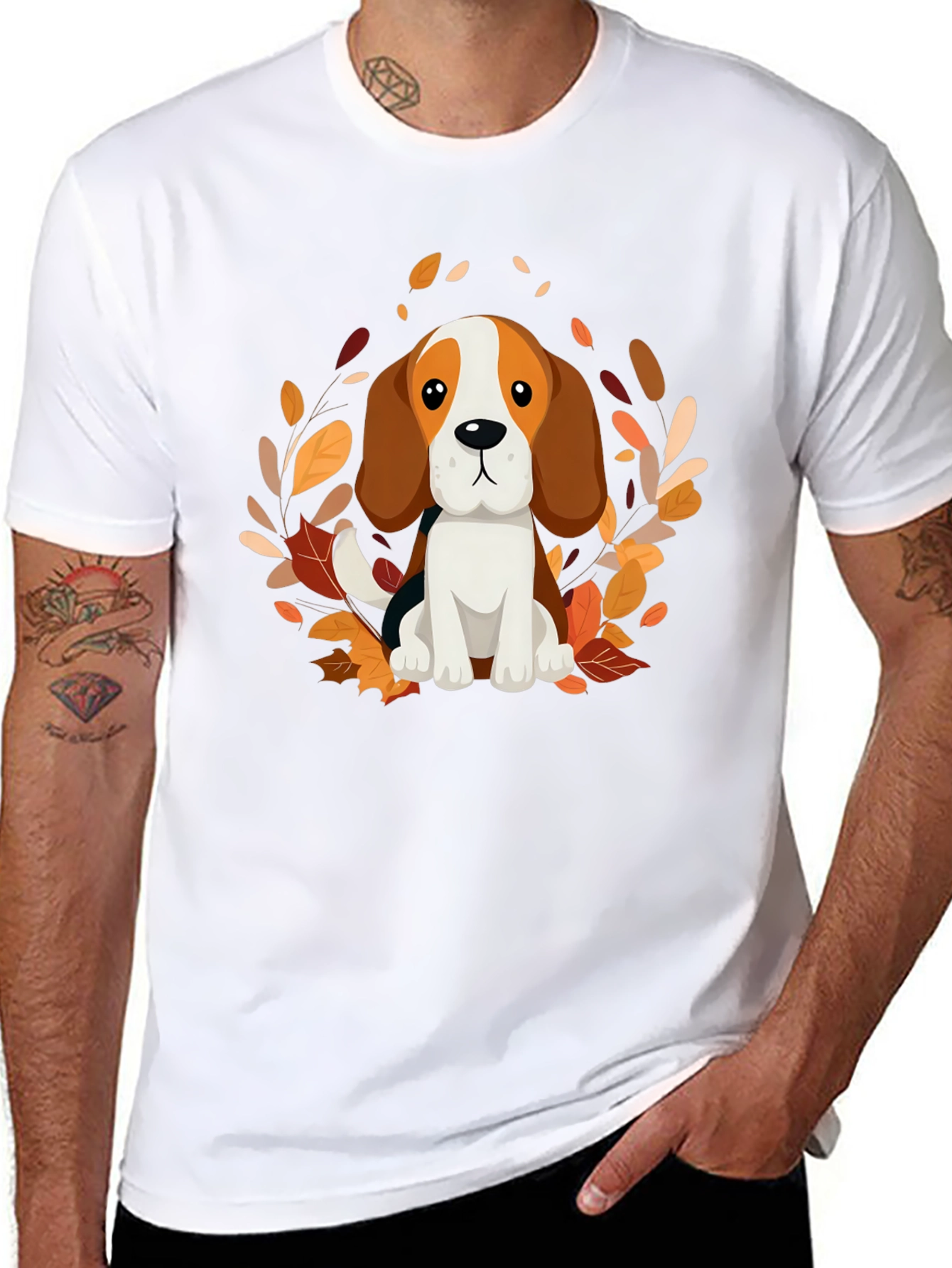 Cute Beagle Dog Fall Leaves Black T-Shirt