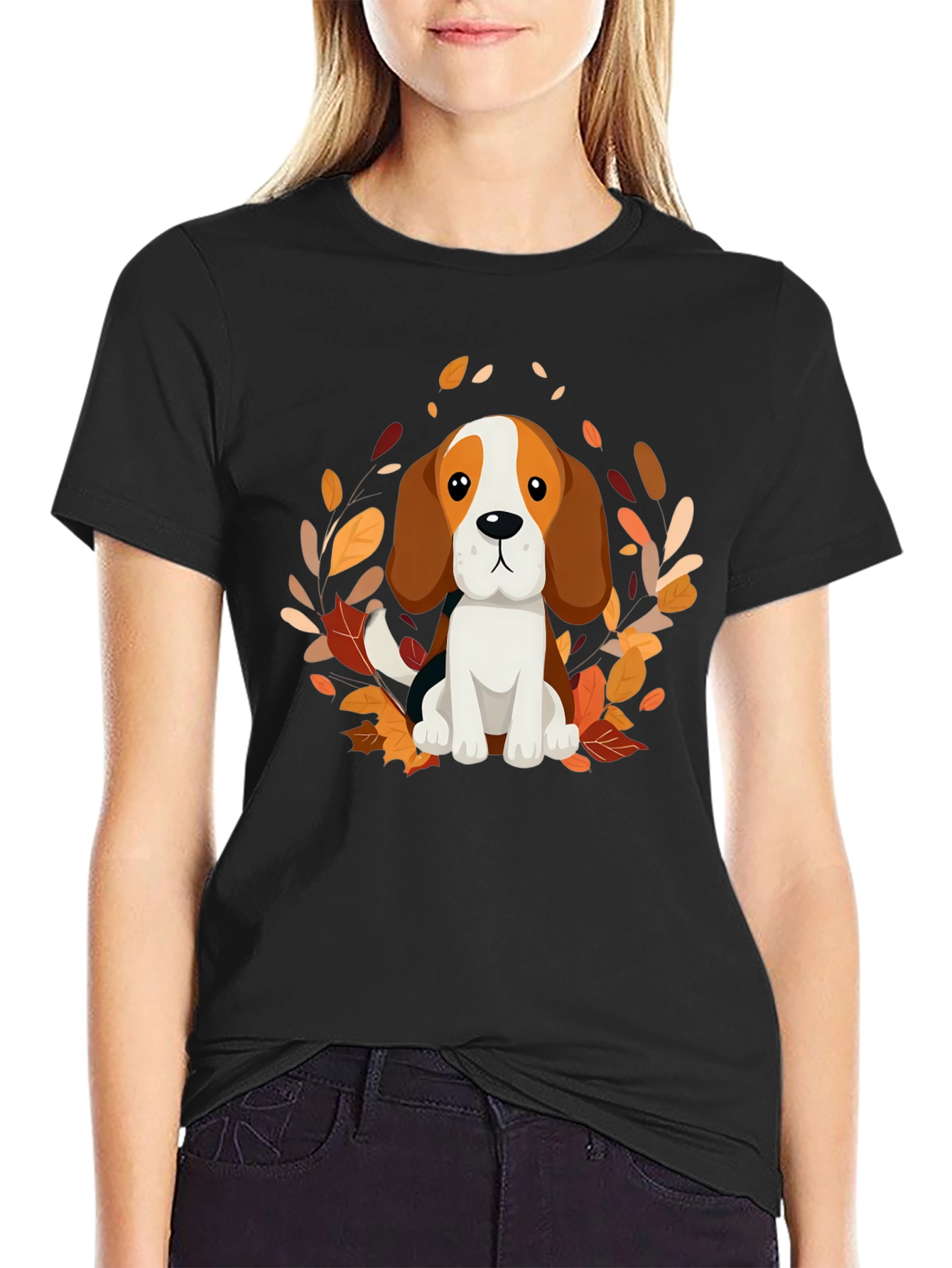 Cute Beagle Dog Fall Leaves Black T-Shirt
