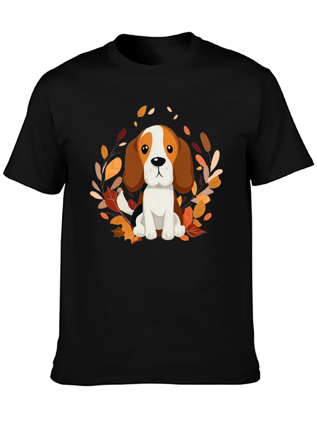Cute Beagle Dog Fall Leaves Black T-Shirt