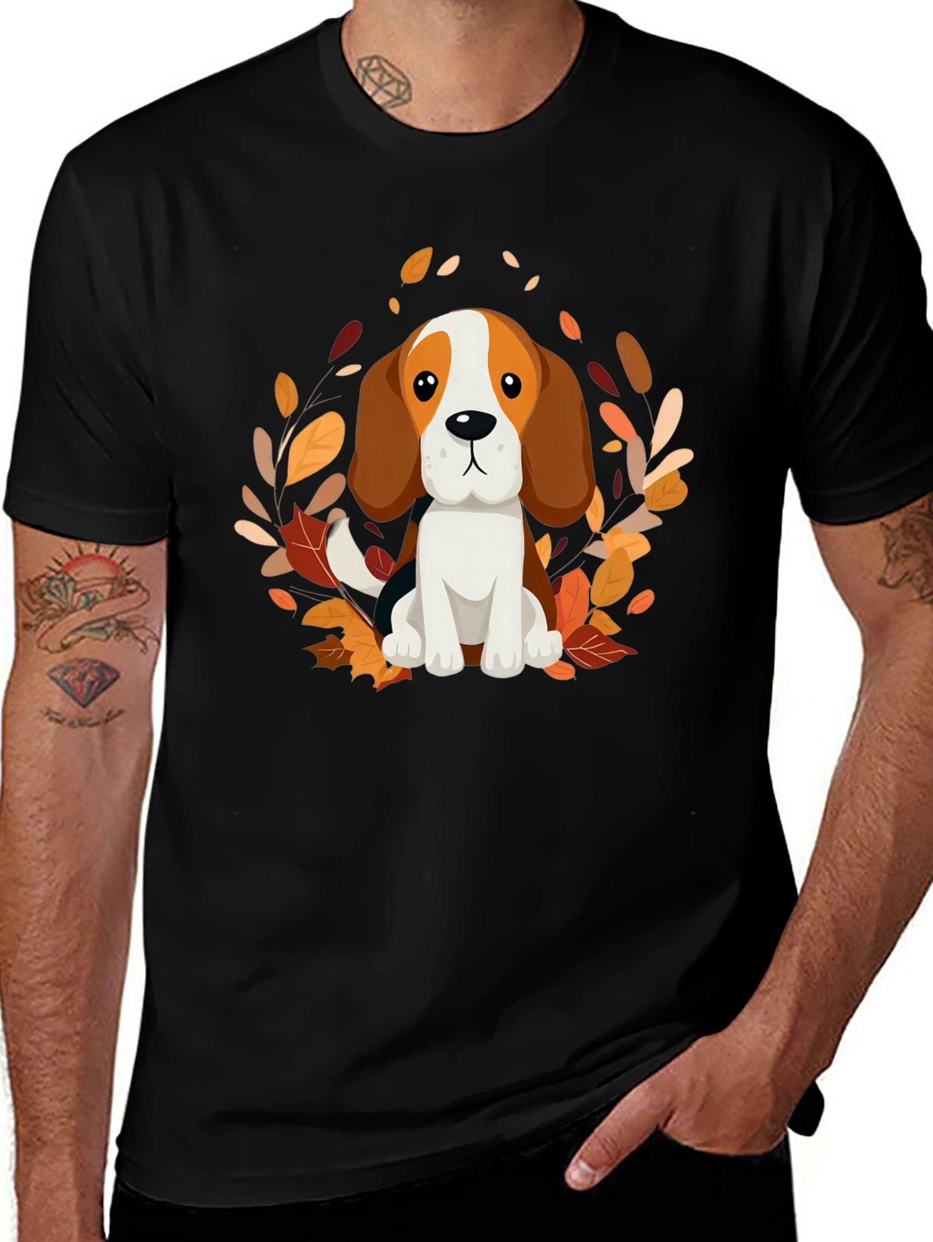Cute Beagle Dog Fall Leaves Black T-Shirt