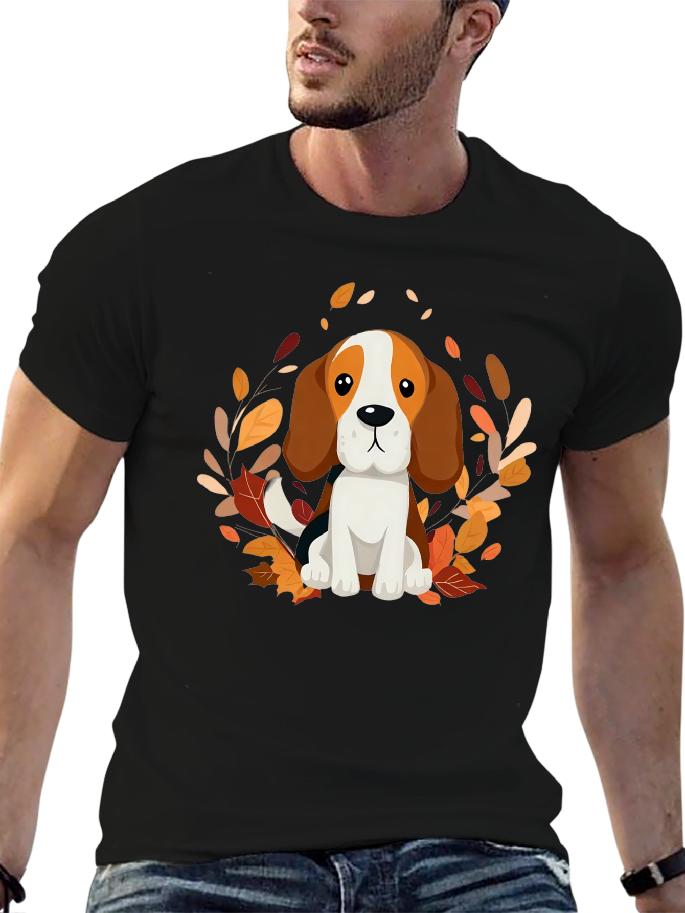 Cute Beagle Dog Fall Leaves Black T-Shirt