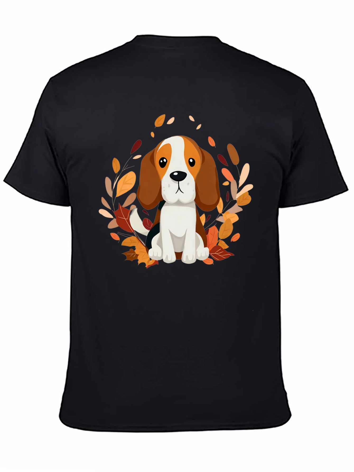 Cute Beagle Dog Fall Leaves Black T-Shirt