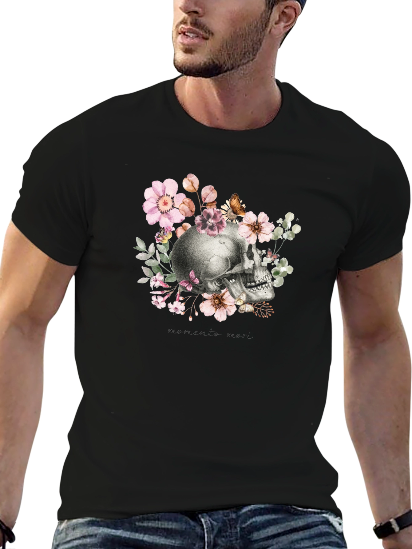 Memento Mori Skull & Floral Black T-Shirt